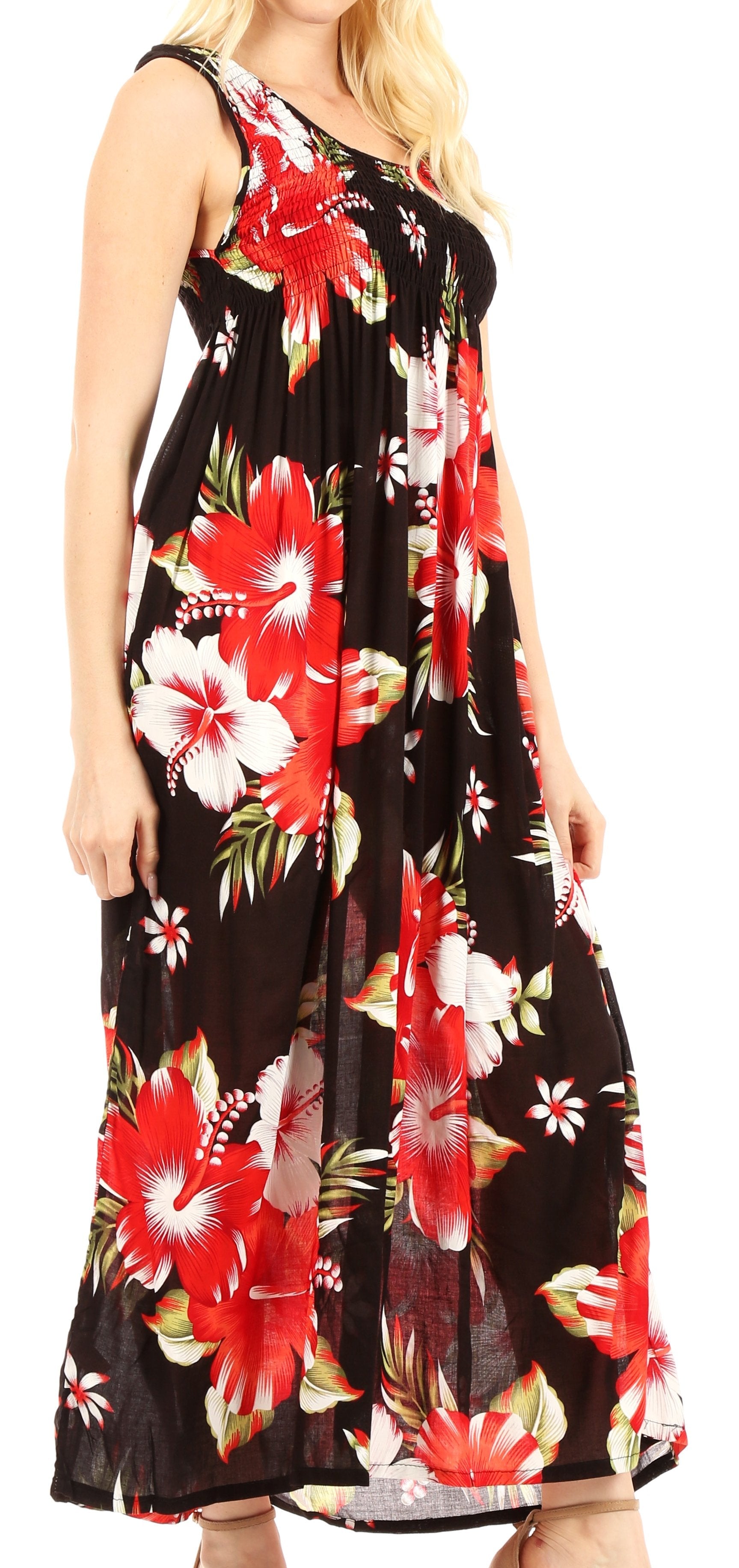 Black sleeveless dress with red and white floral pattern worn by a person.