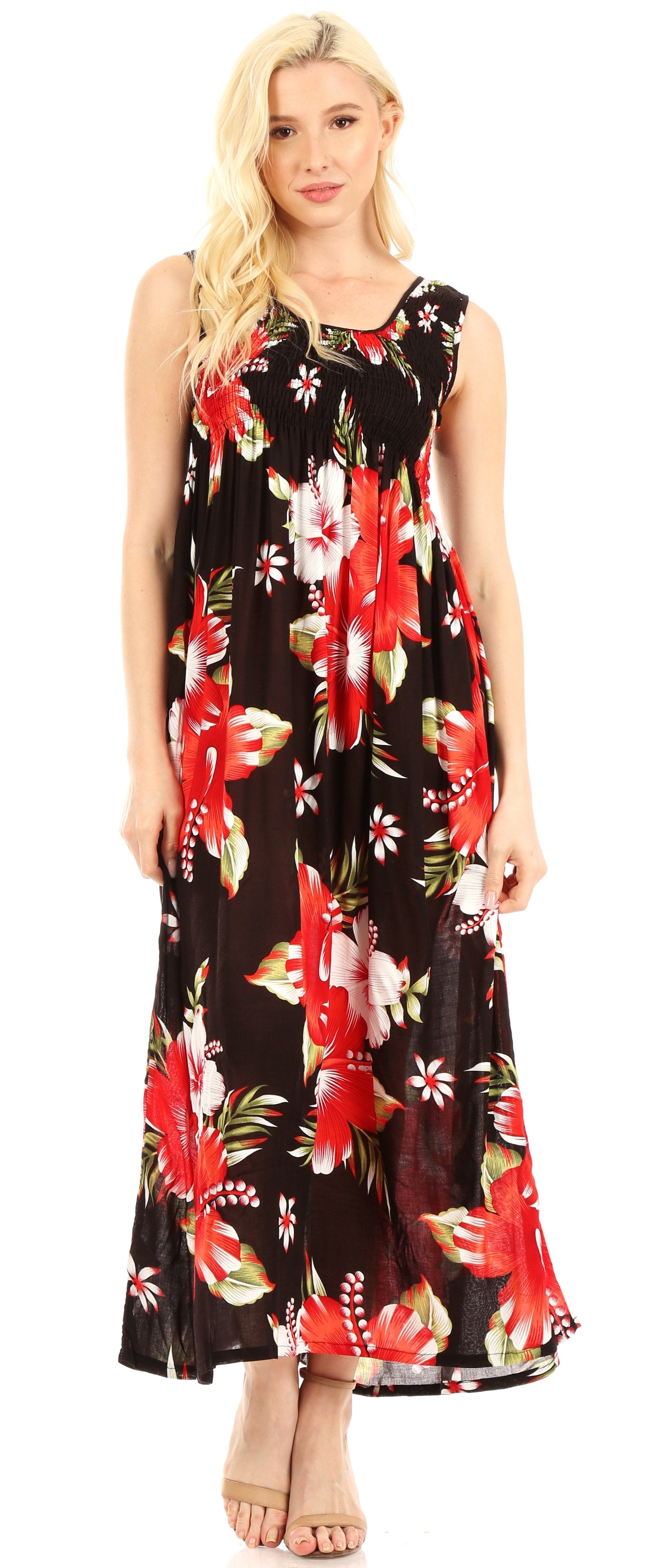 Woman wearing a floral dress with red and white flowers on a black background