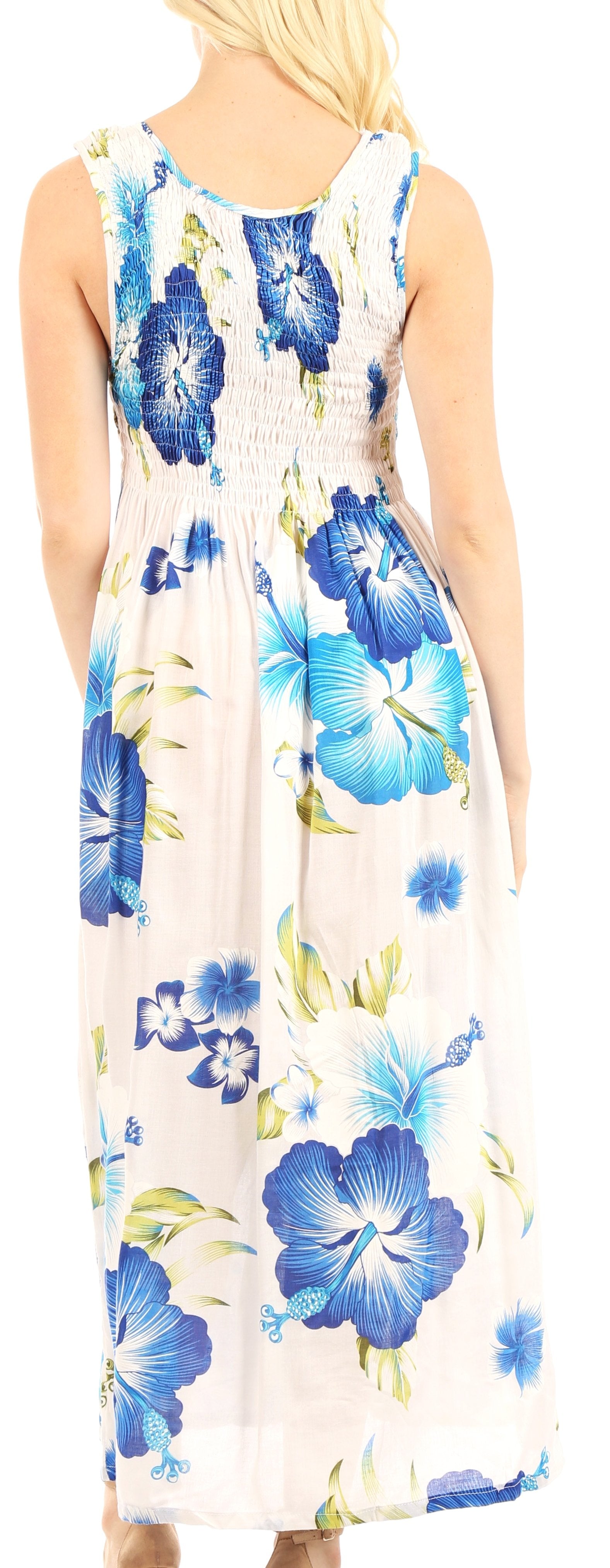 Woman wearing a floral dress with blue flowers on a white background