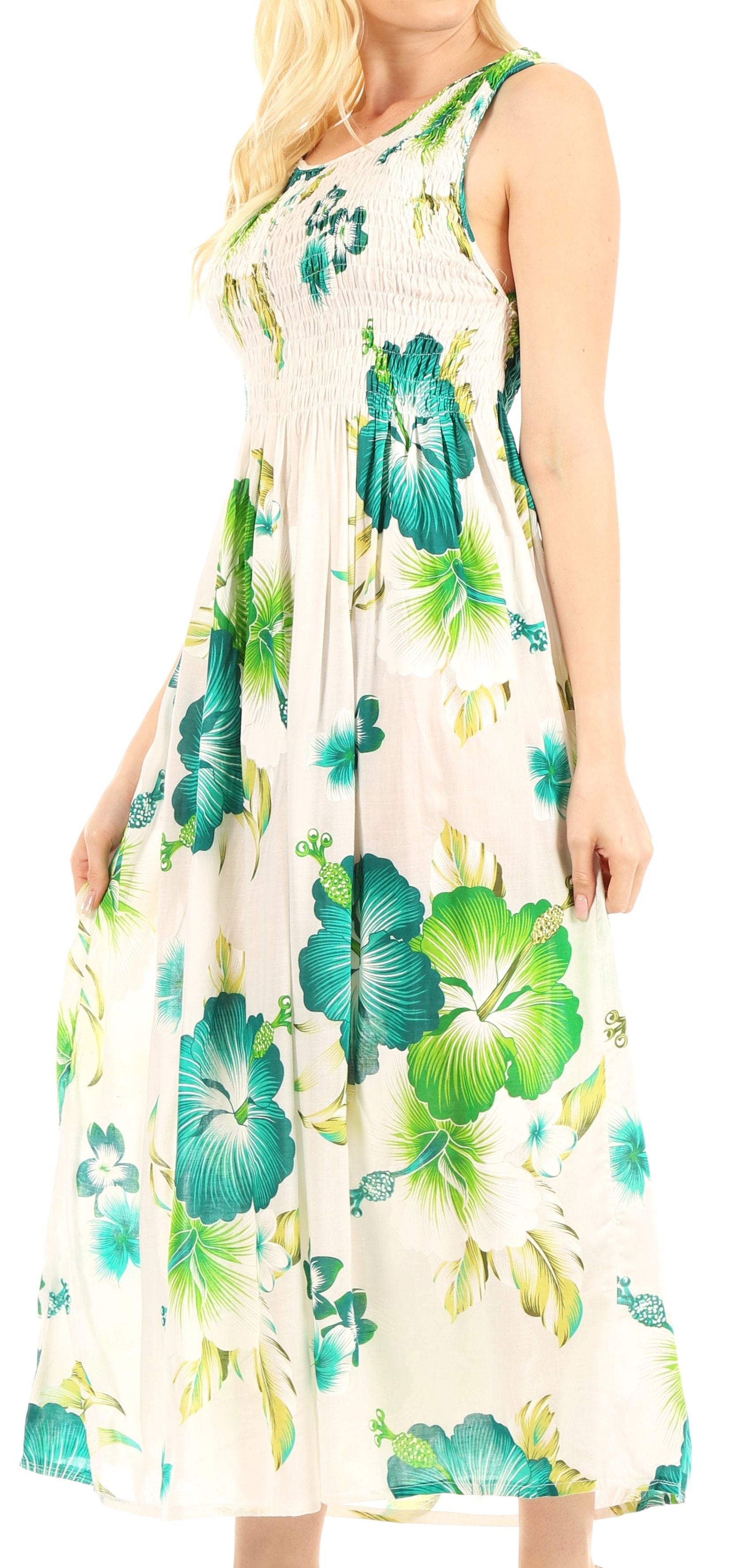 Woman wearing a floral dress with green and blue flowers on a white background