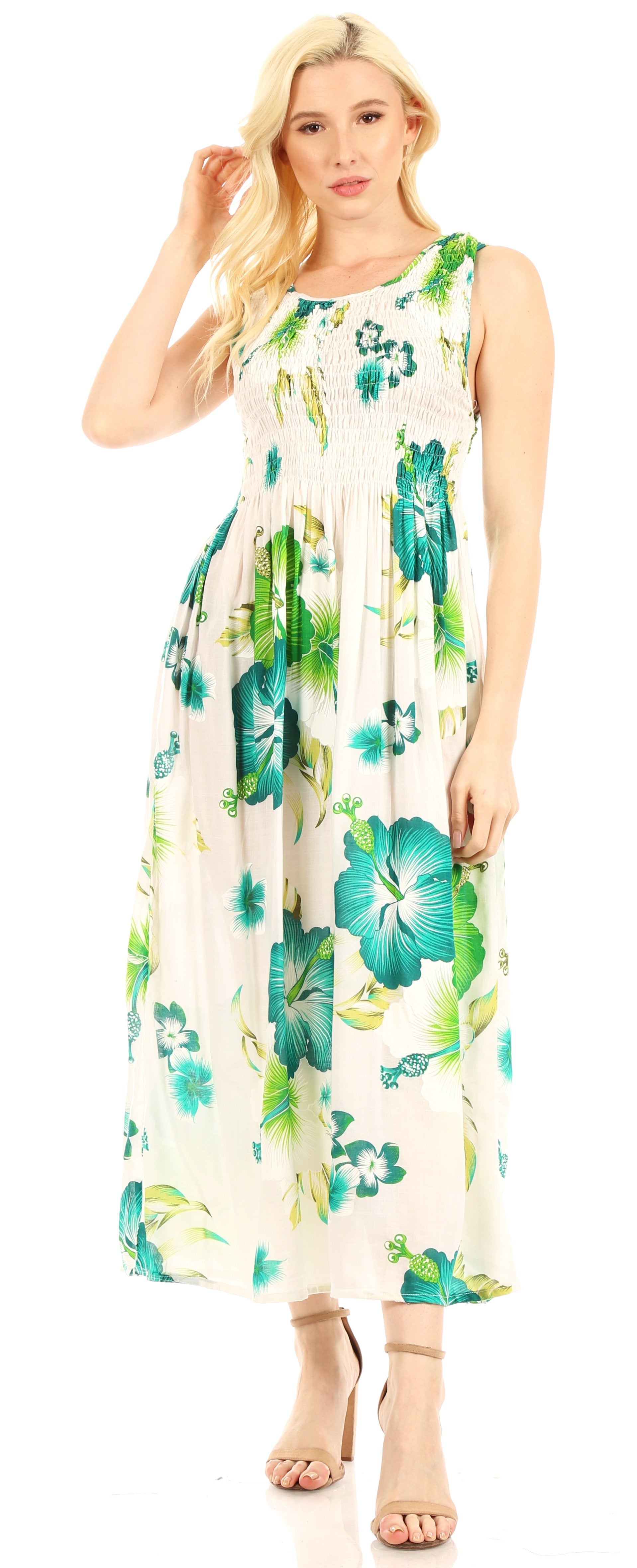 Woman wearing a floral dress with a white background