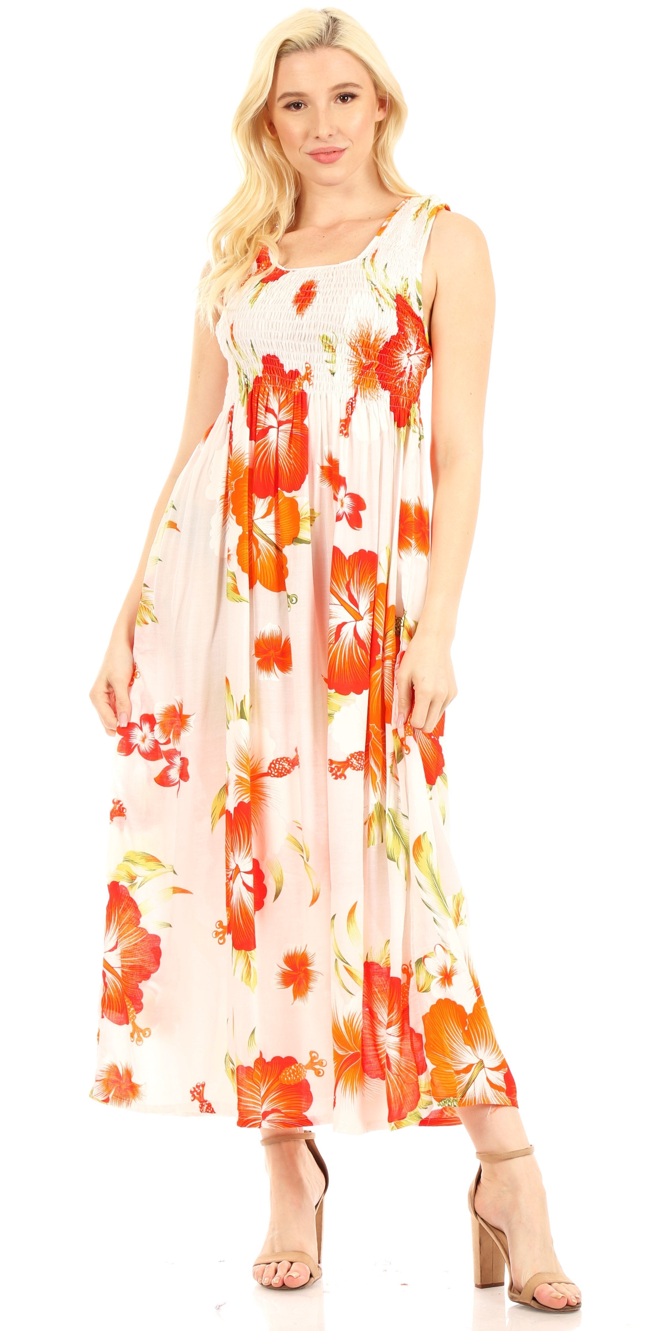 Woman wearing a floral dress on a white background