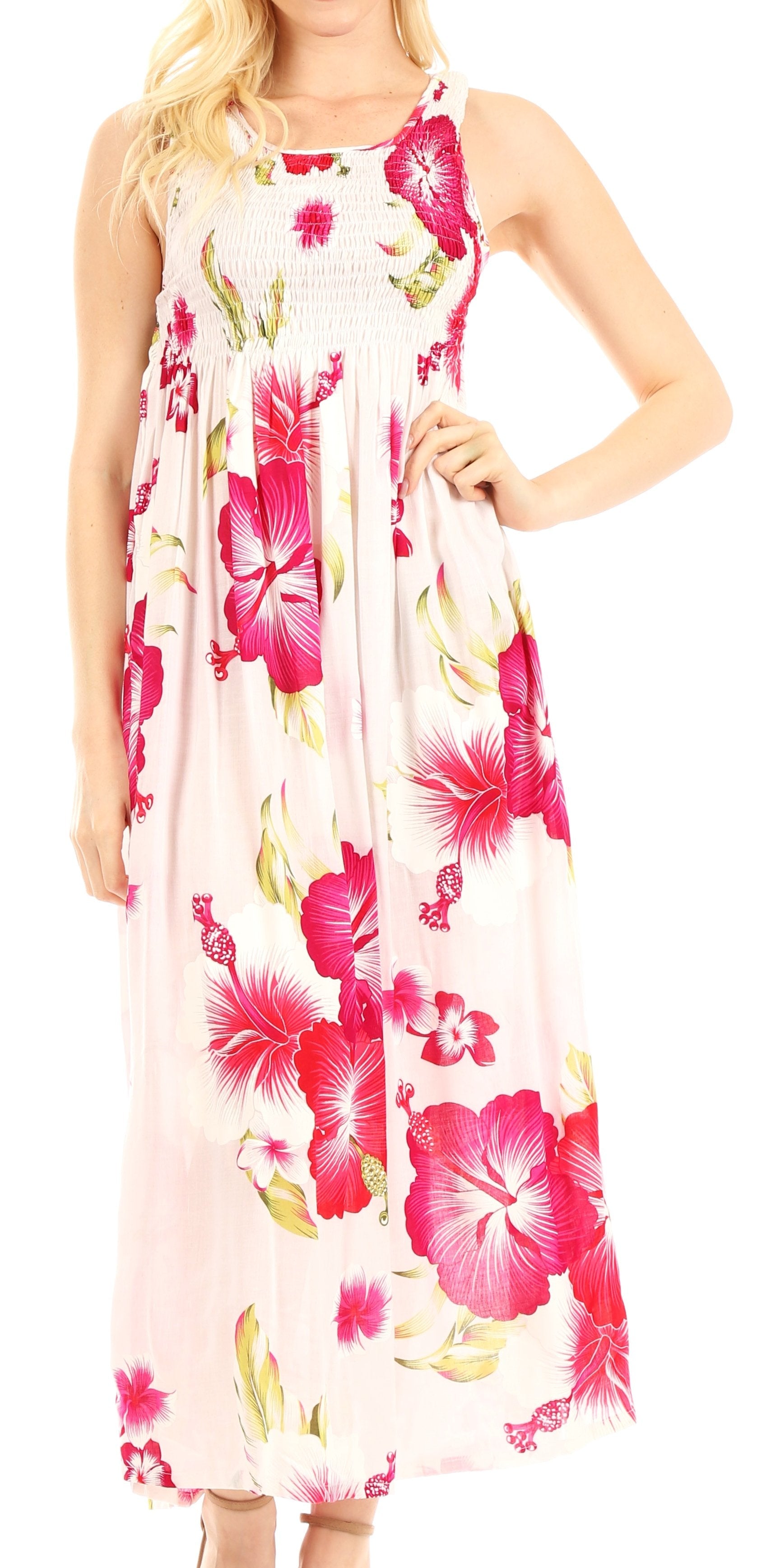 Woman wearing a floral dress with pink flowers on a white background