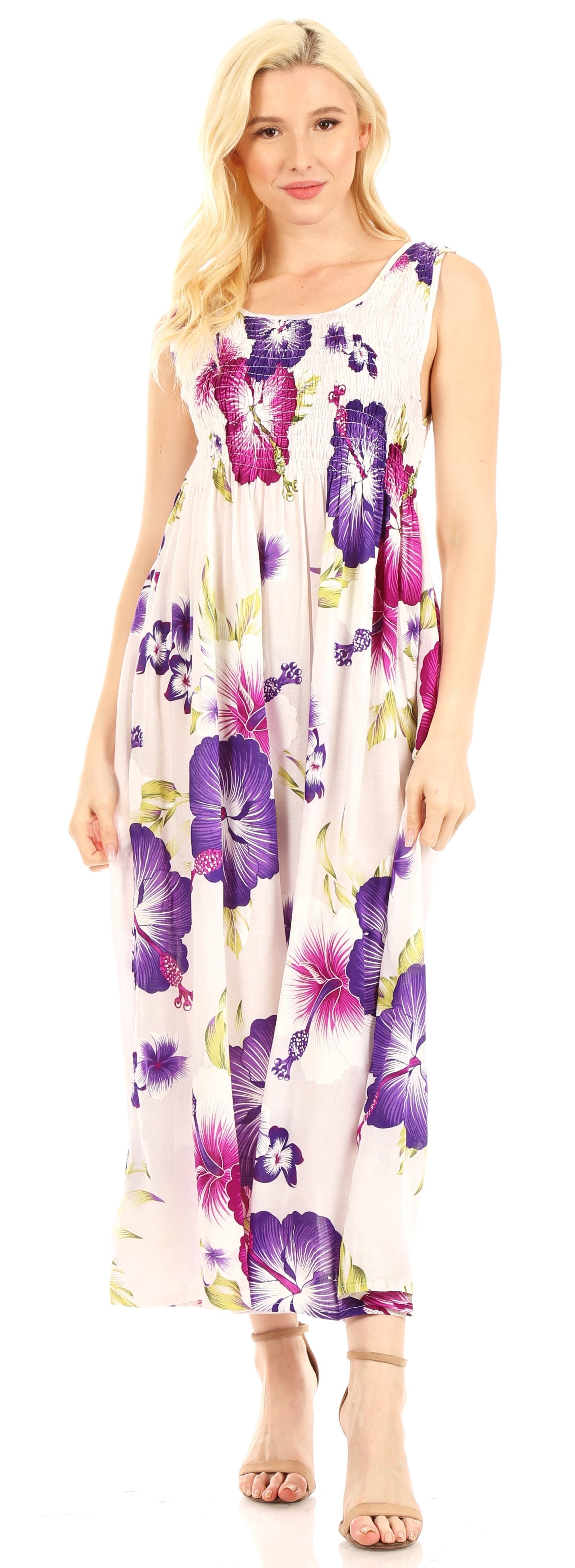 Woman wearing a floral dress with a white background