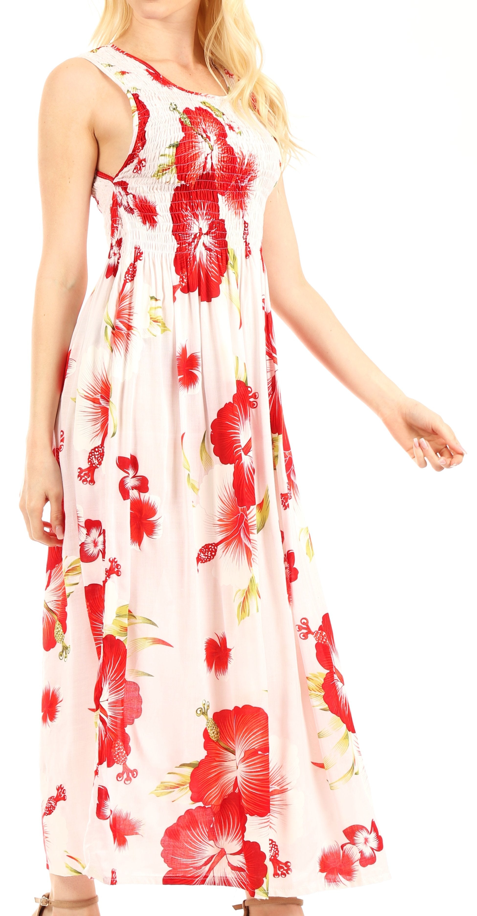 Woman wearing a floral dress with red flowers on a white background