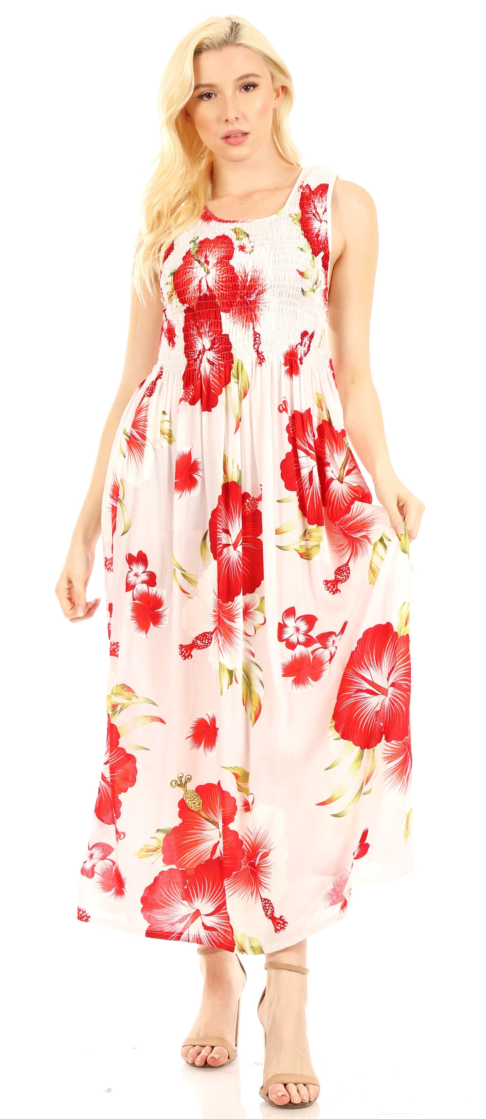 Woman wearing a red floral dress on a white background