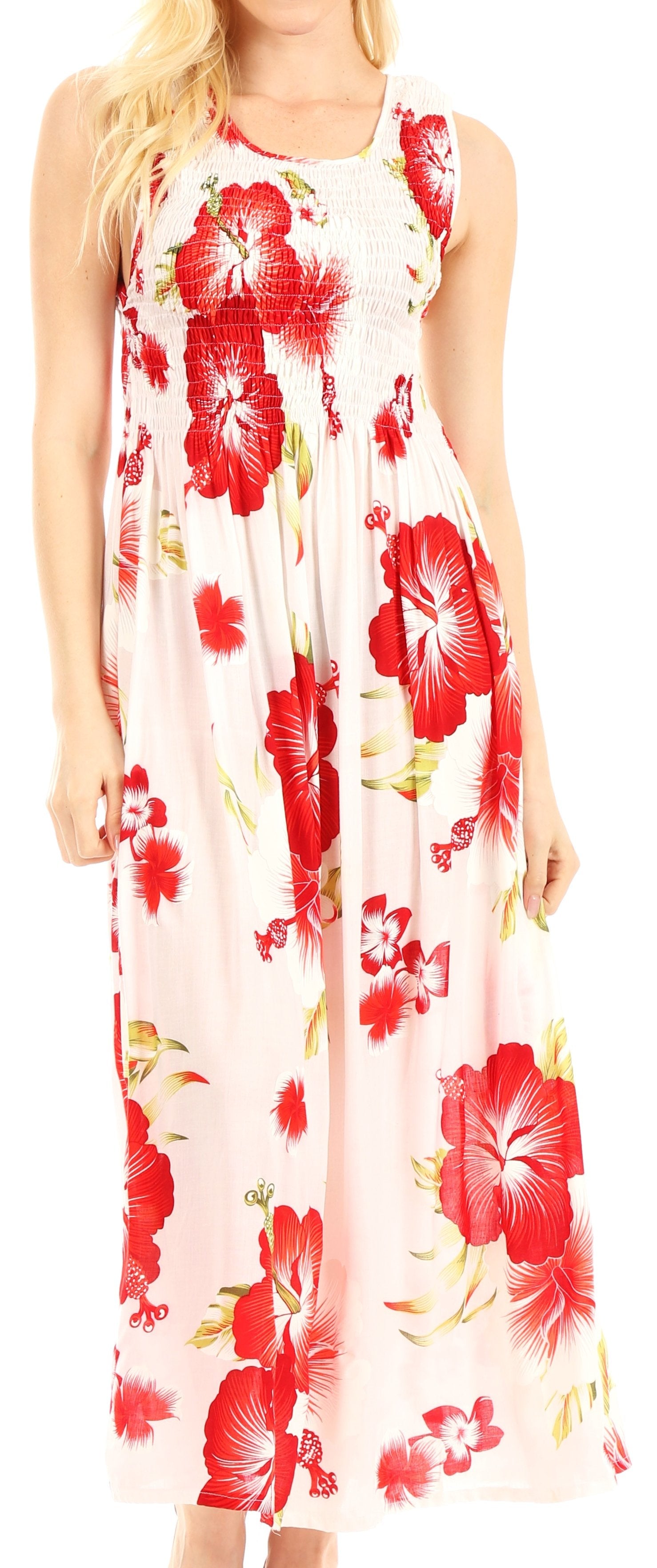 Woman wearing a floral dress with red flowers on a white background