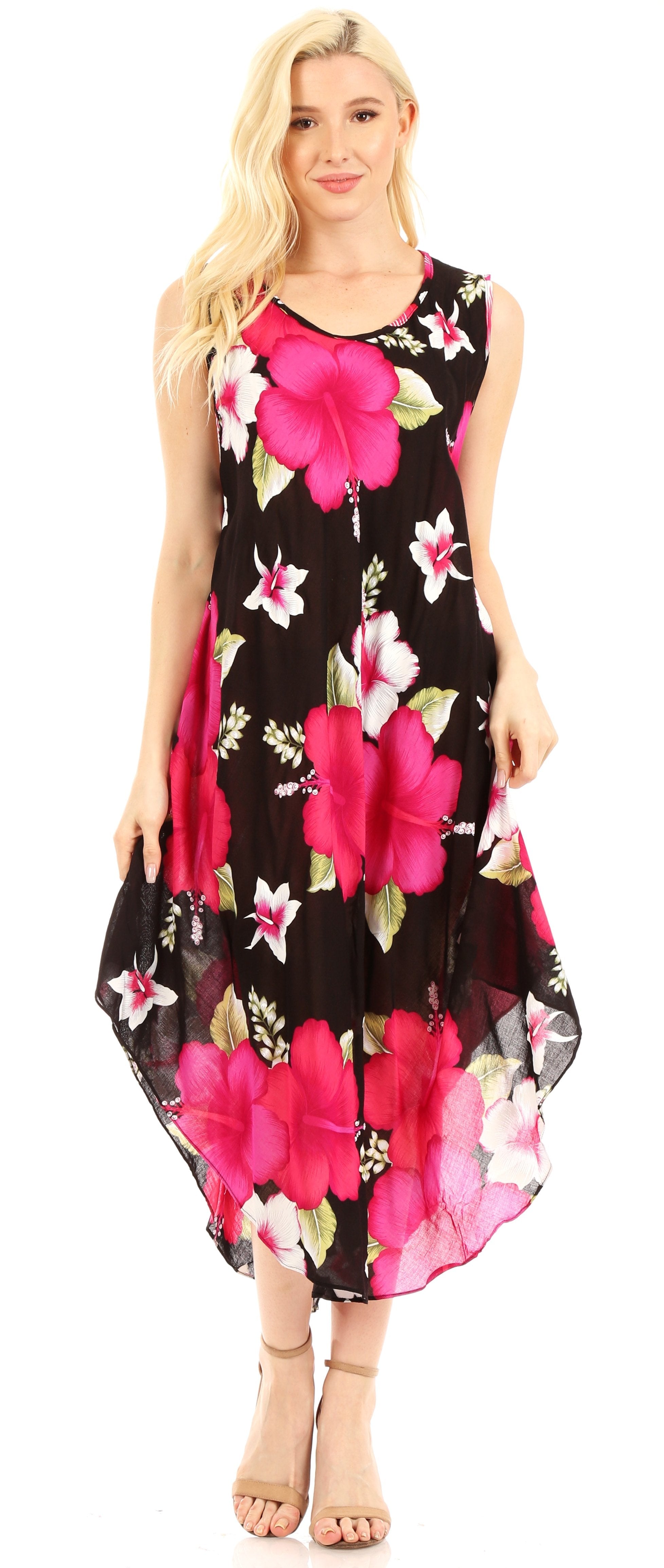 Woman wearing a floral dress with pink flowers on a black background