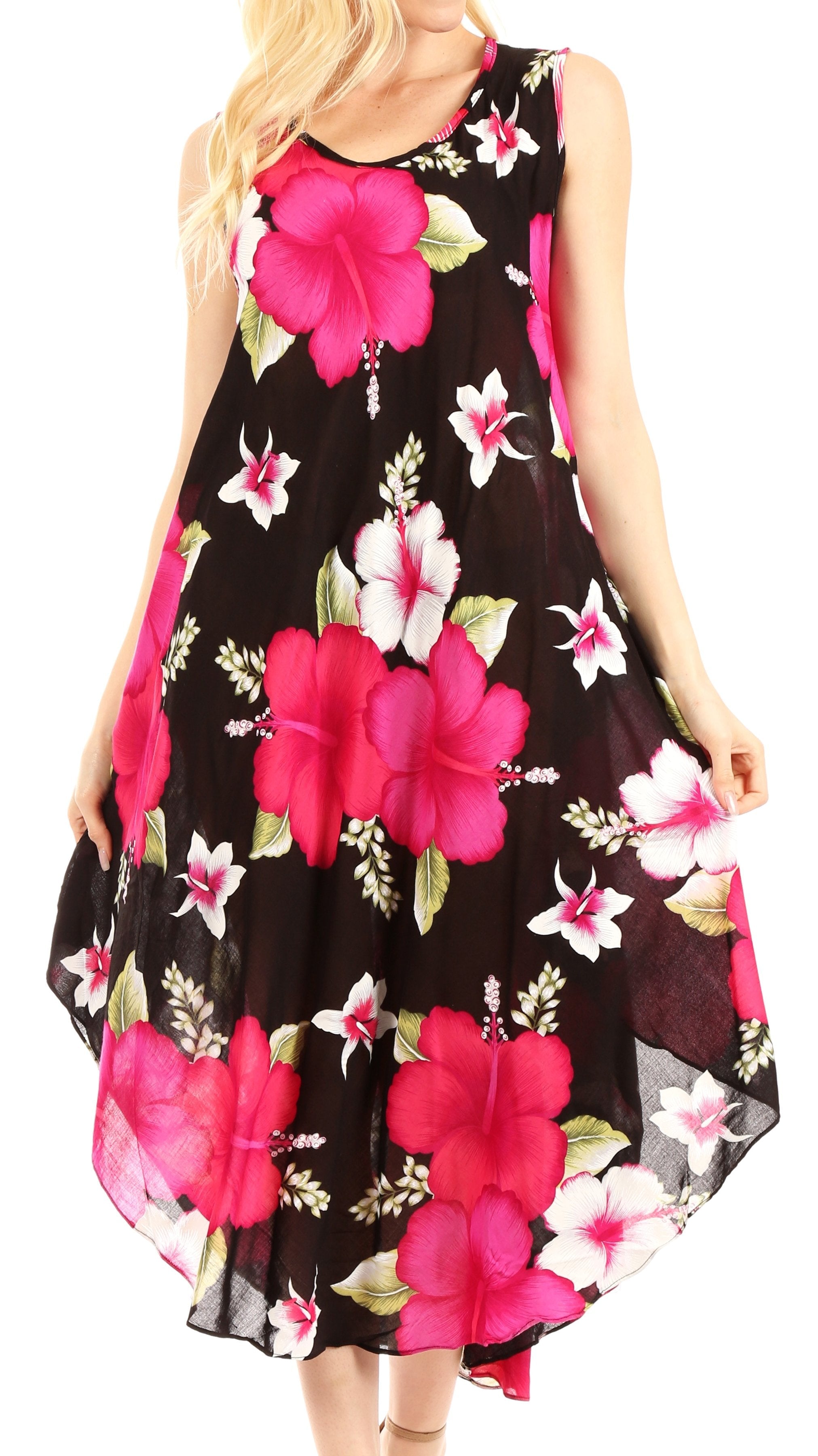 Woman wearing a sleeveless dress with pink floral pattern on a white background