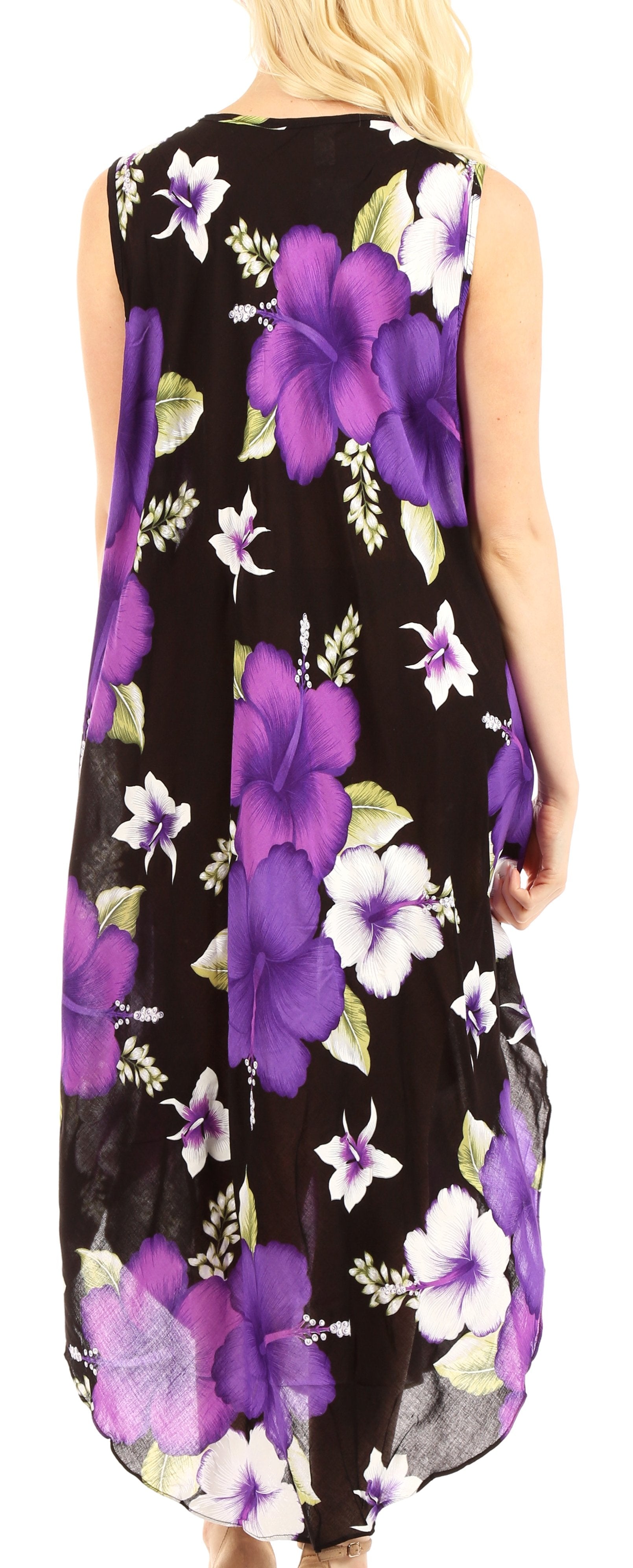 Long sleeveless dress with purple floral pattern on a black background