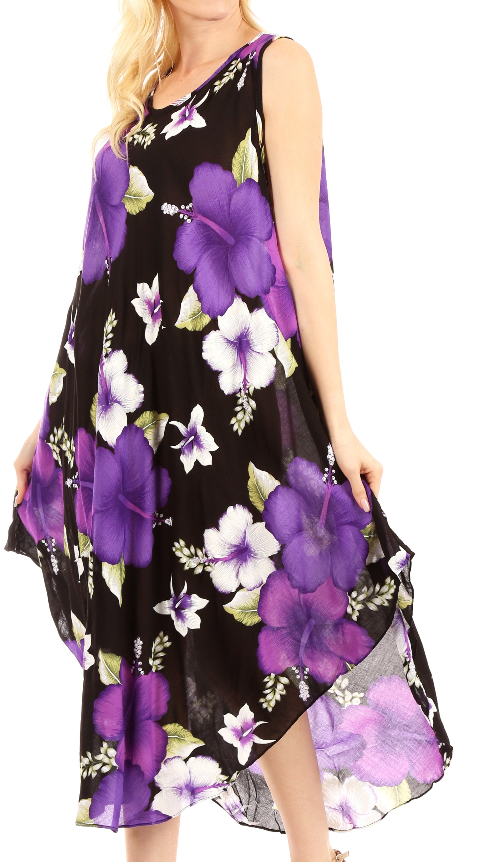 Black sleeveless dress with purple floral pattern on a white background