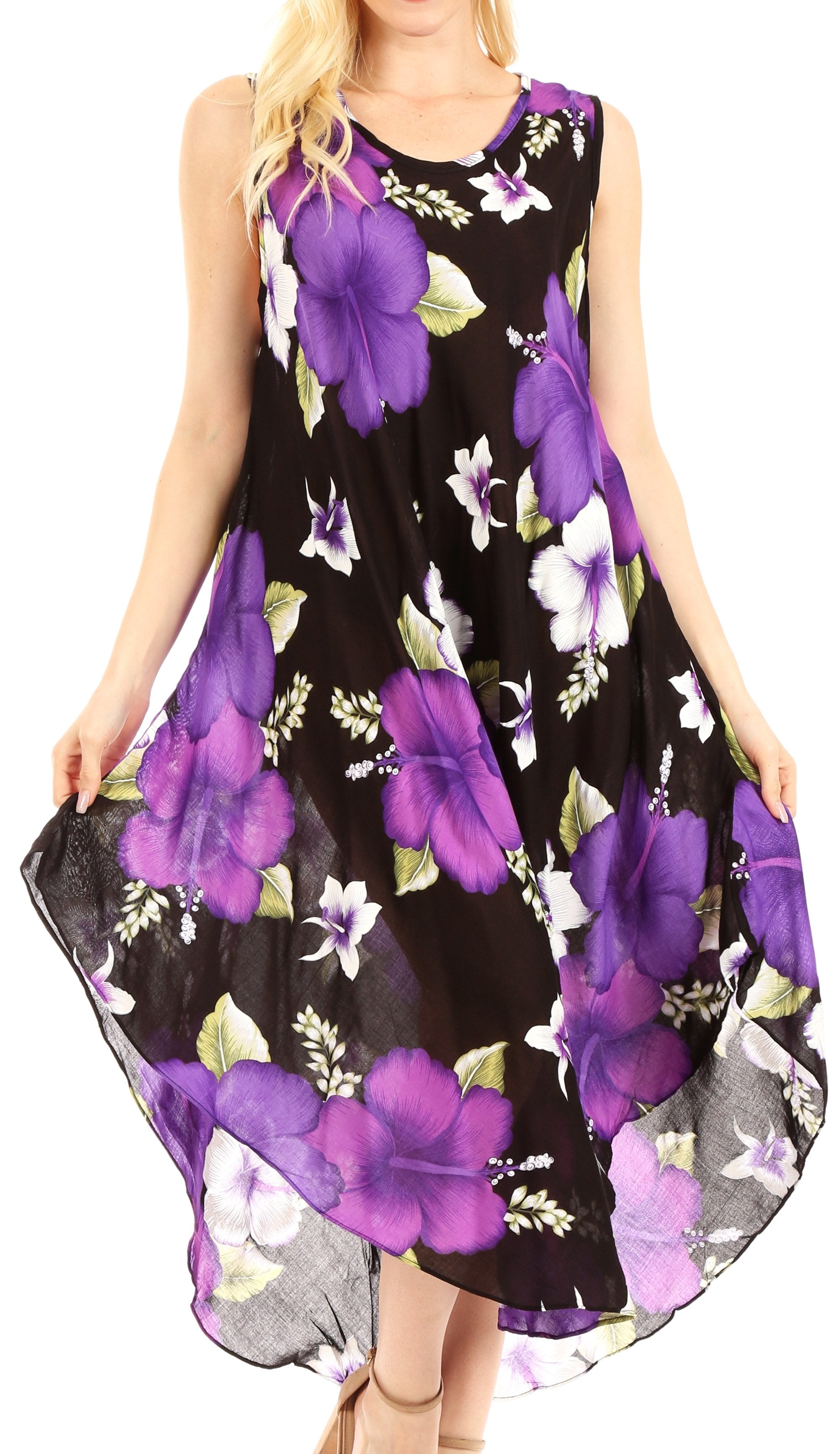Woman wearing a sleeveless dress with purple floral pattern on a white background