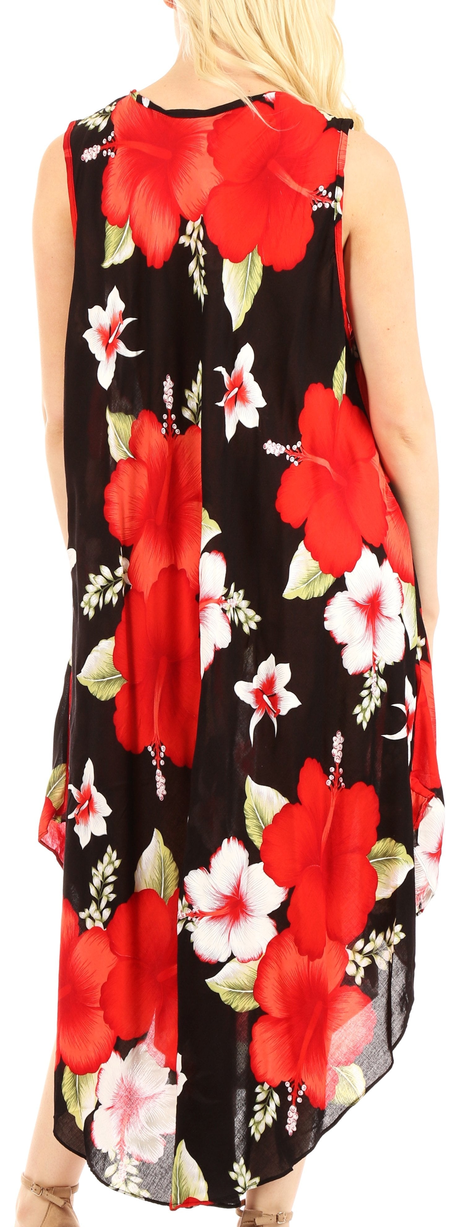 Woman wearing a sleeveless dress with red floral pattern on black background
