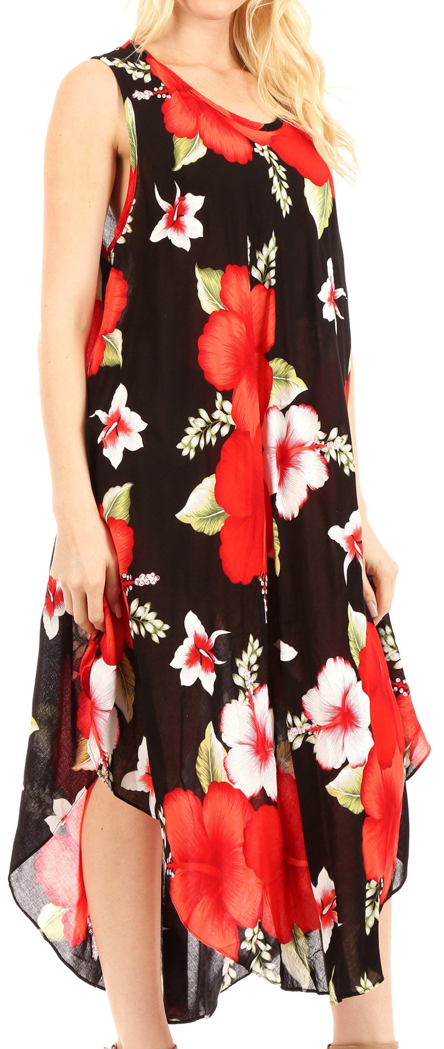 Woman wearing a sleeveless dress with red floral pattern on black background