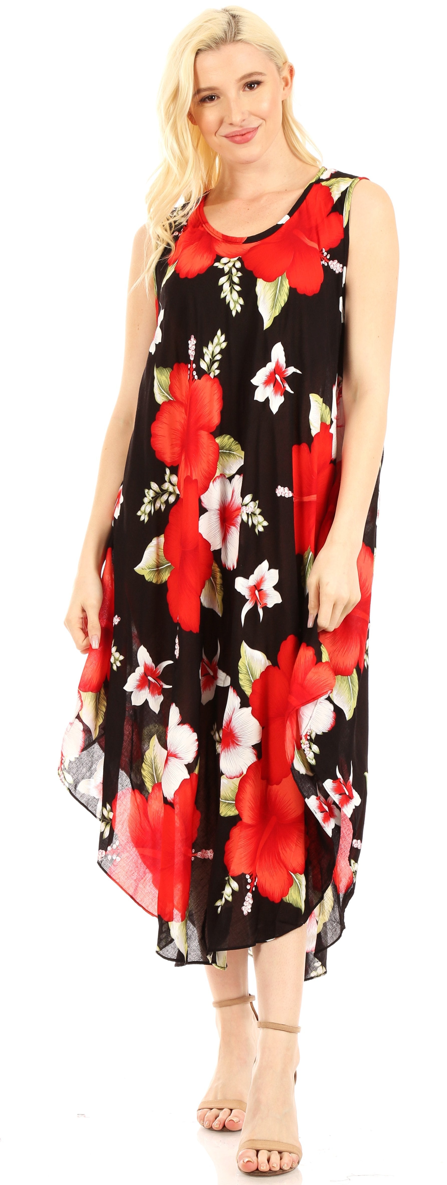 Woman wearing a black sleeveless dress with red floral patterns on a white background