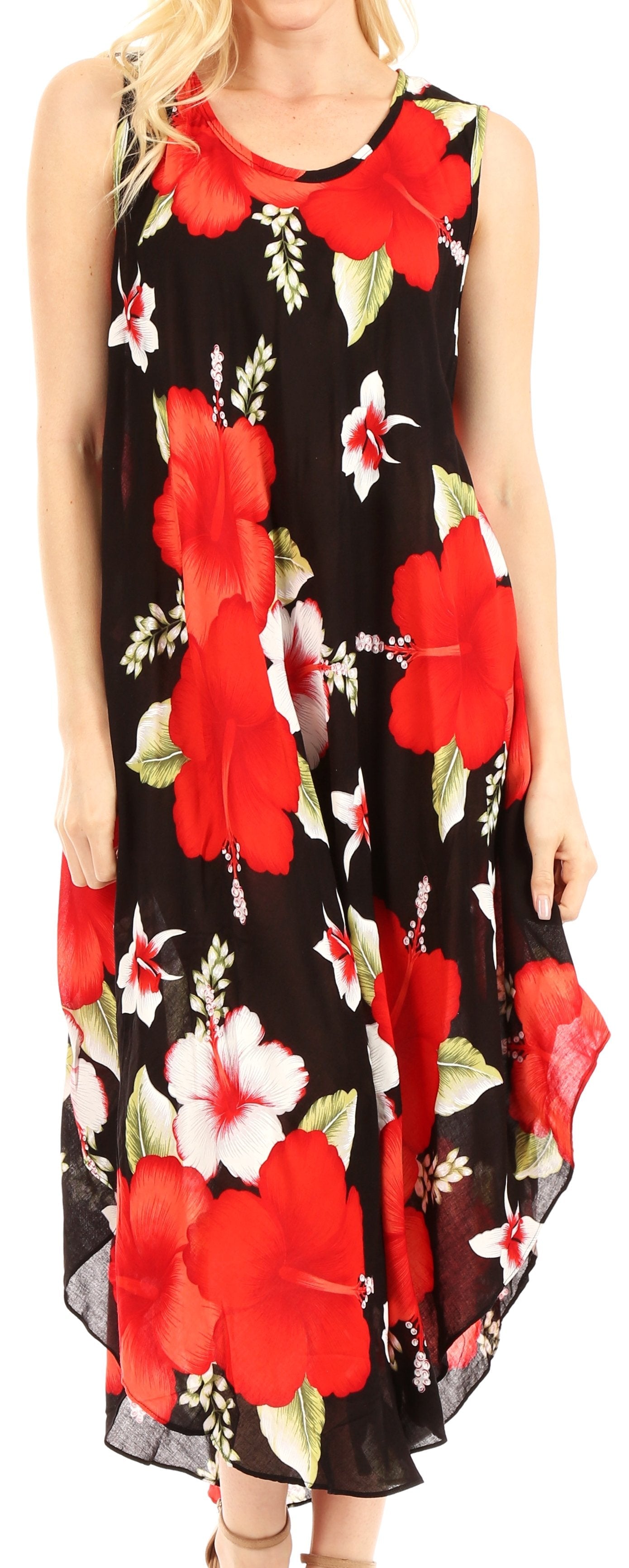 Woman wearing a sleeveless dress with red floral pattern on a black background