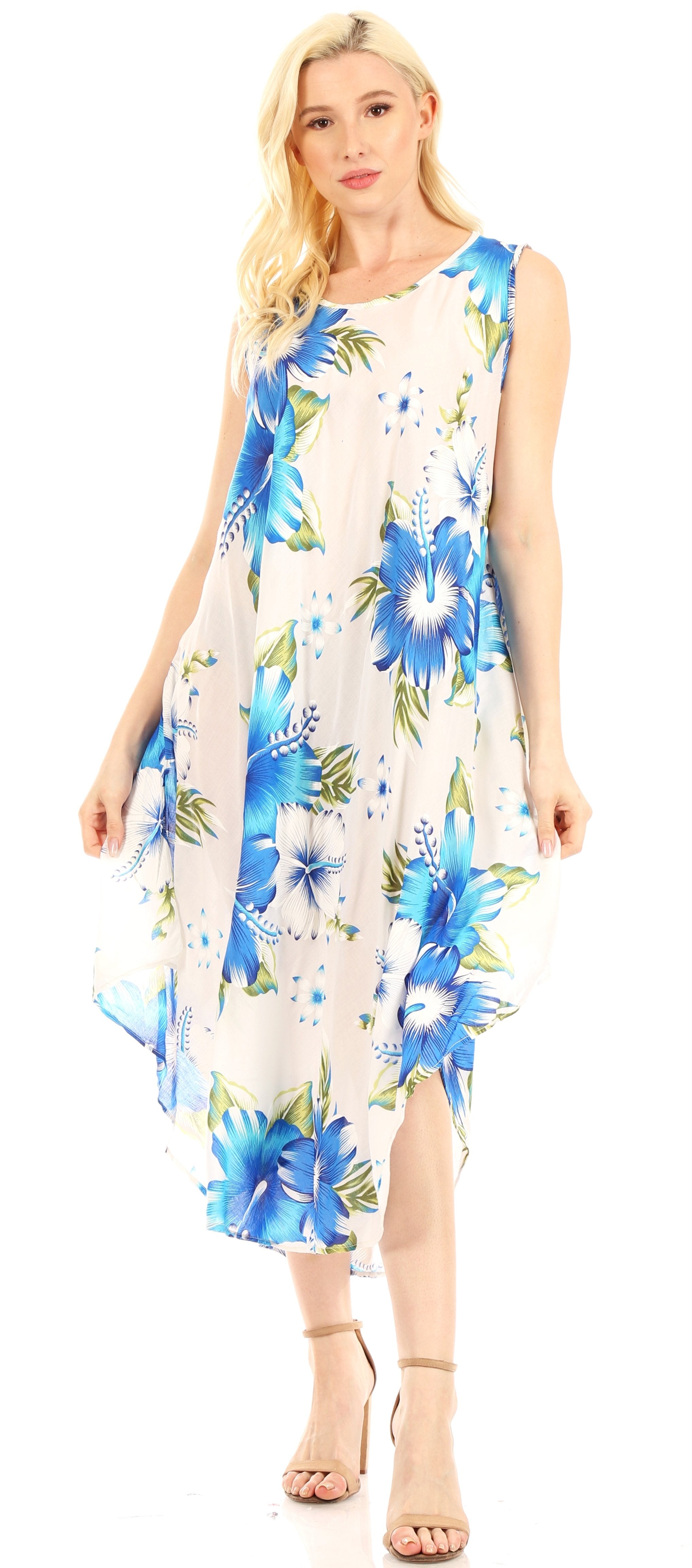 Woman wearing a floral dress with blue flowers on a white background