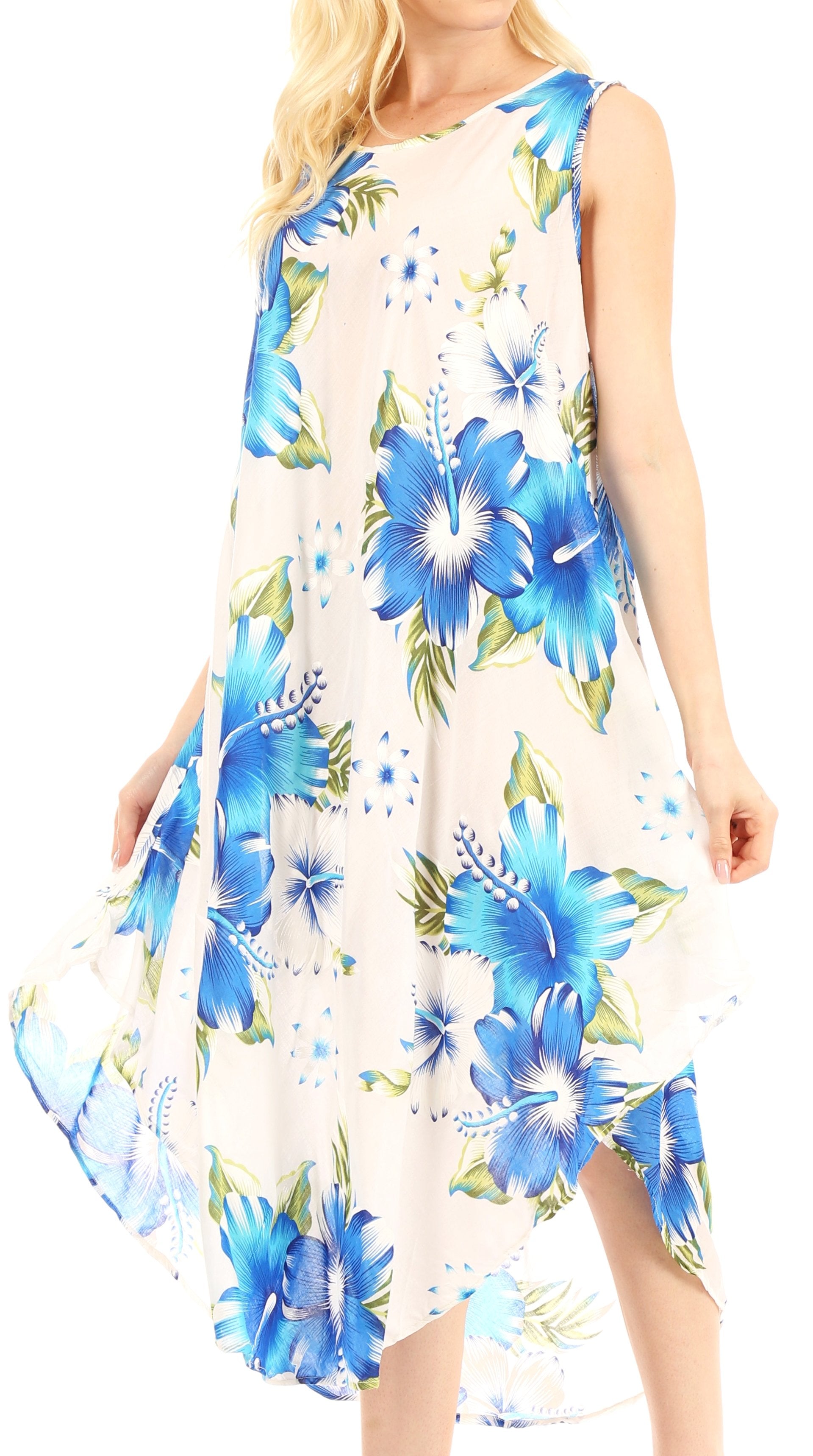 Woman wearing a floral dress with blue flowers on a white background