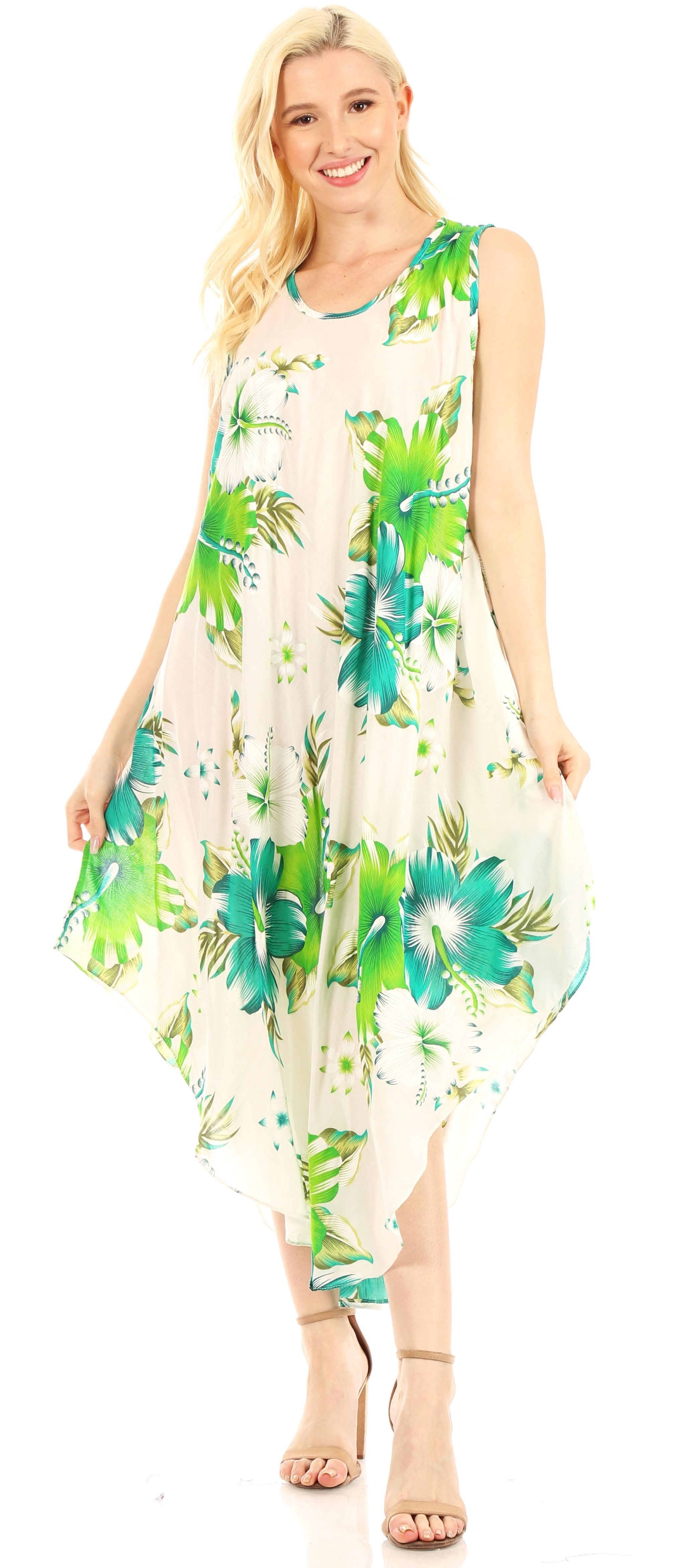Woman wearing a floral dress with a white background