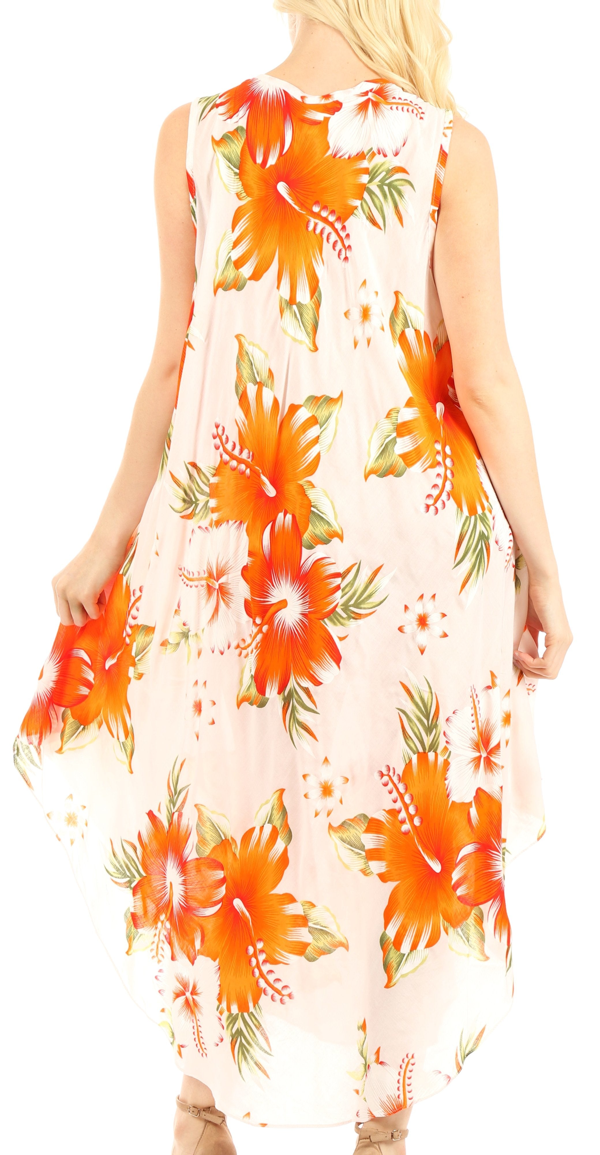 Woman wearing a sleeveless floral dress with orange flowers on a white background