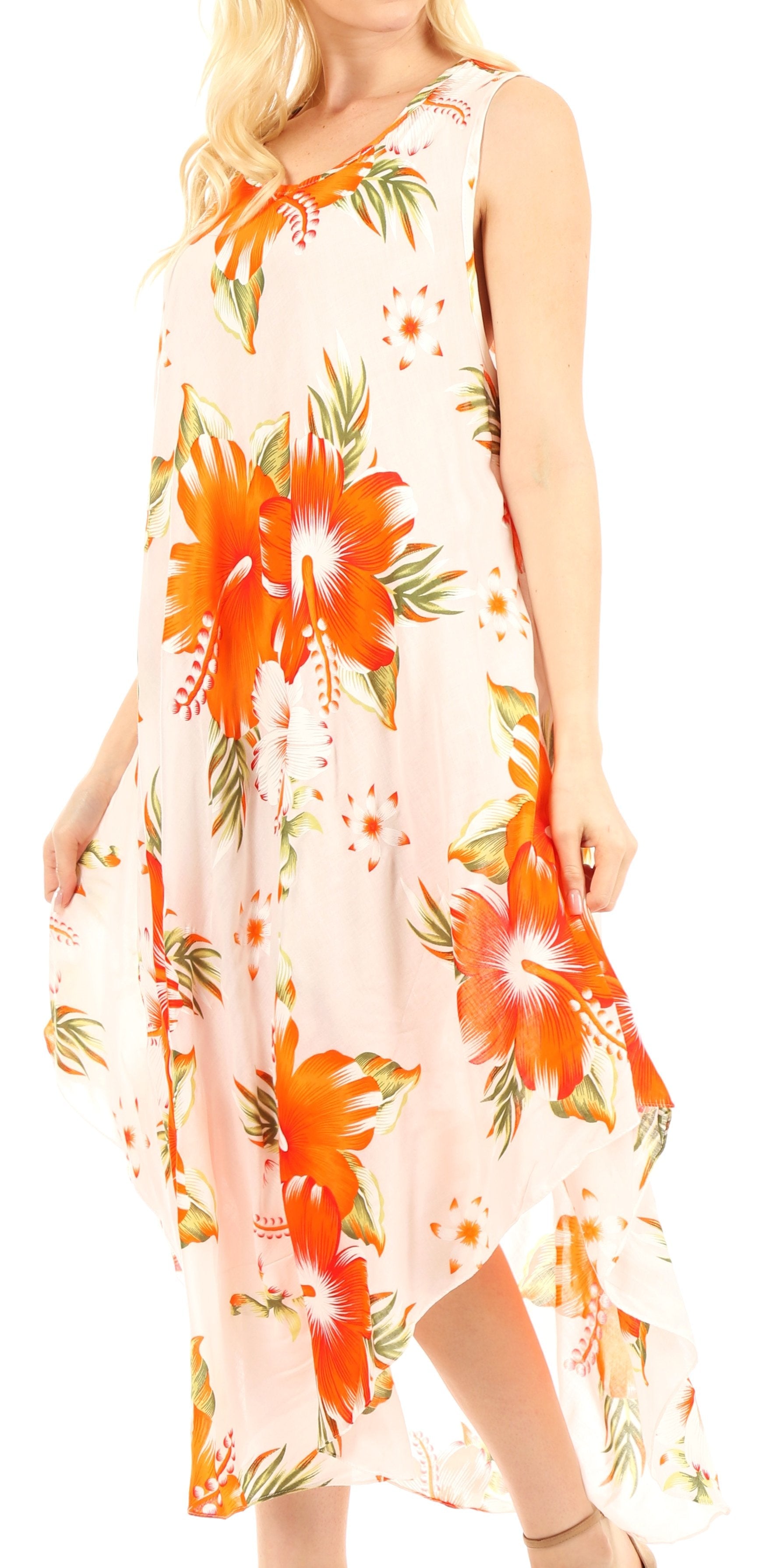 Woman wearing a sleeveless dress with orange floral pattern on a white background