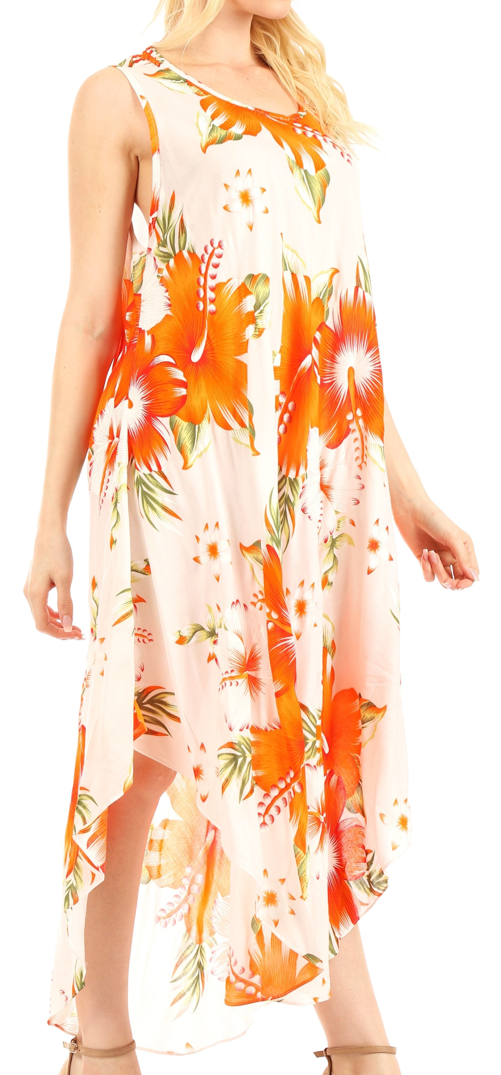 Woman wearing a sleeveless dress with floral pattern on a white background