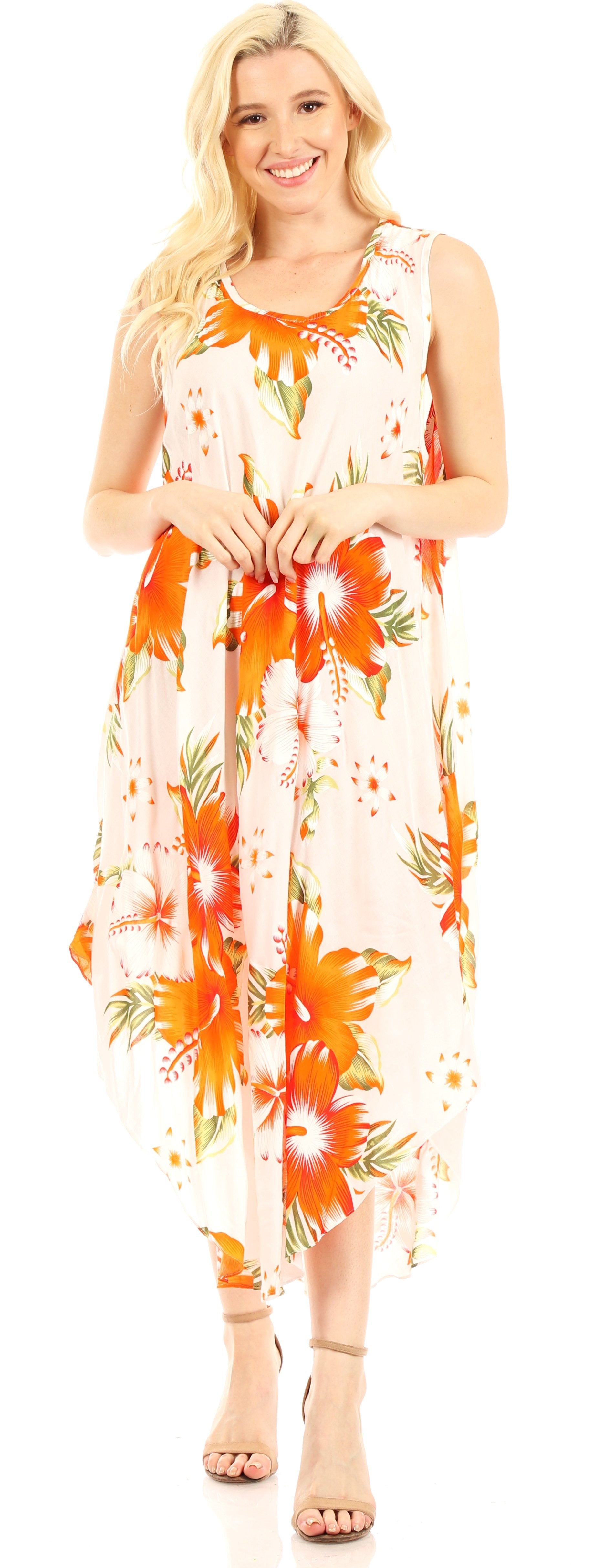 Woman wearing a sleeveless floral dress with orange and yellow flowers on a white background