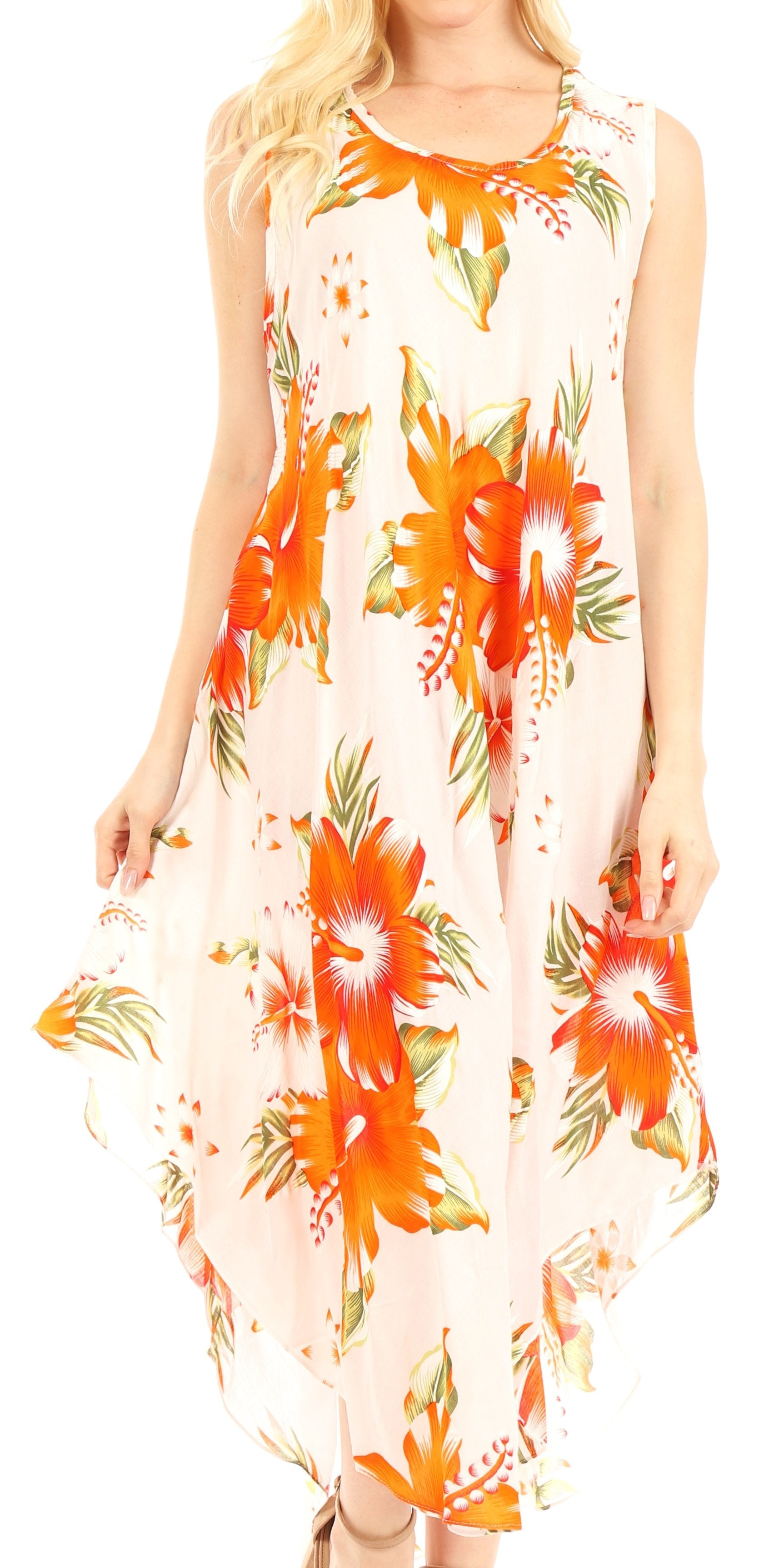 Woman wearing a sleeveless floral dress with orange flowers on a white background
