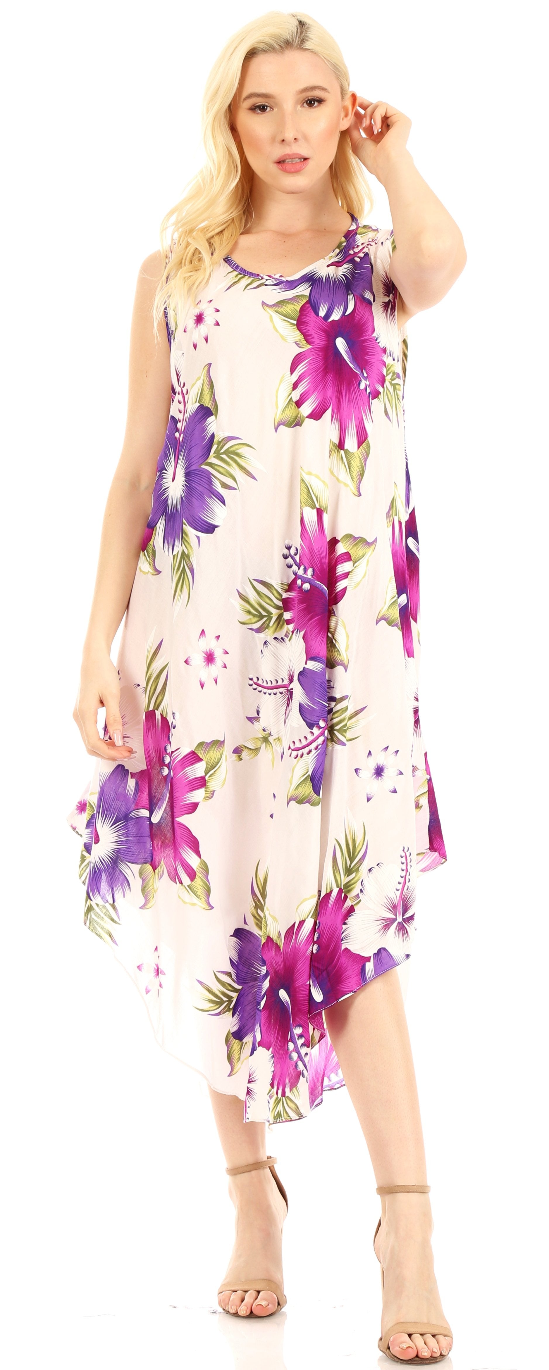 Woman wearing a floral dress with a white background