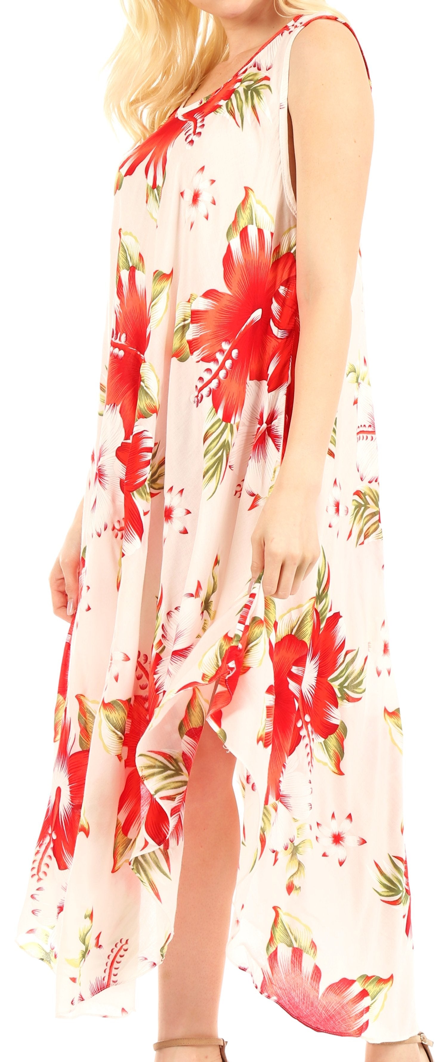 Woman wearing a floral dress with red flowers on a white background