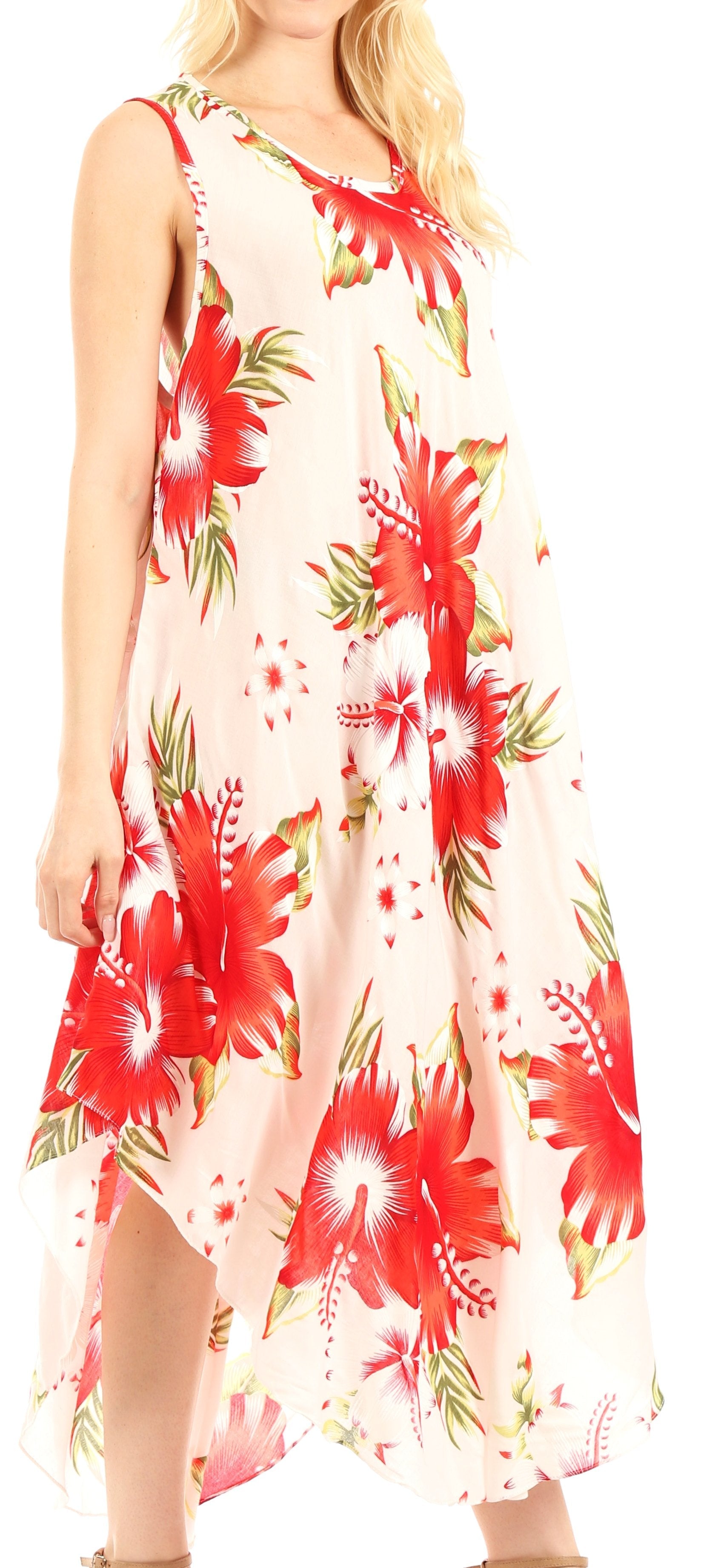 Woman wearing a floral dress with red and green flowers on a white background
