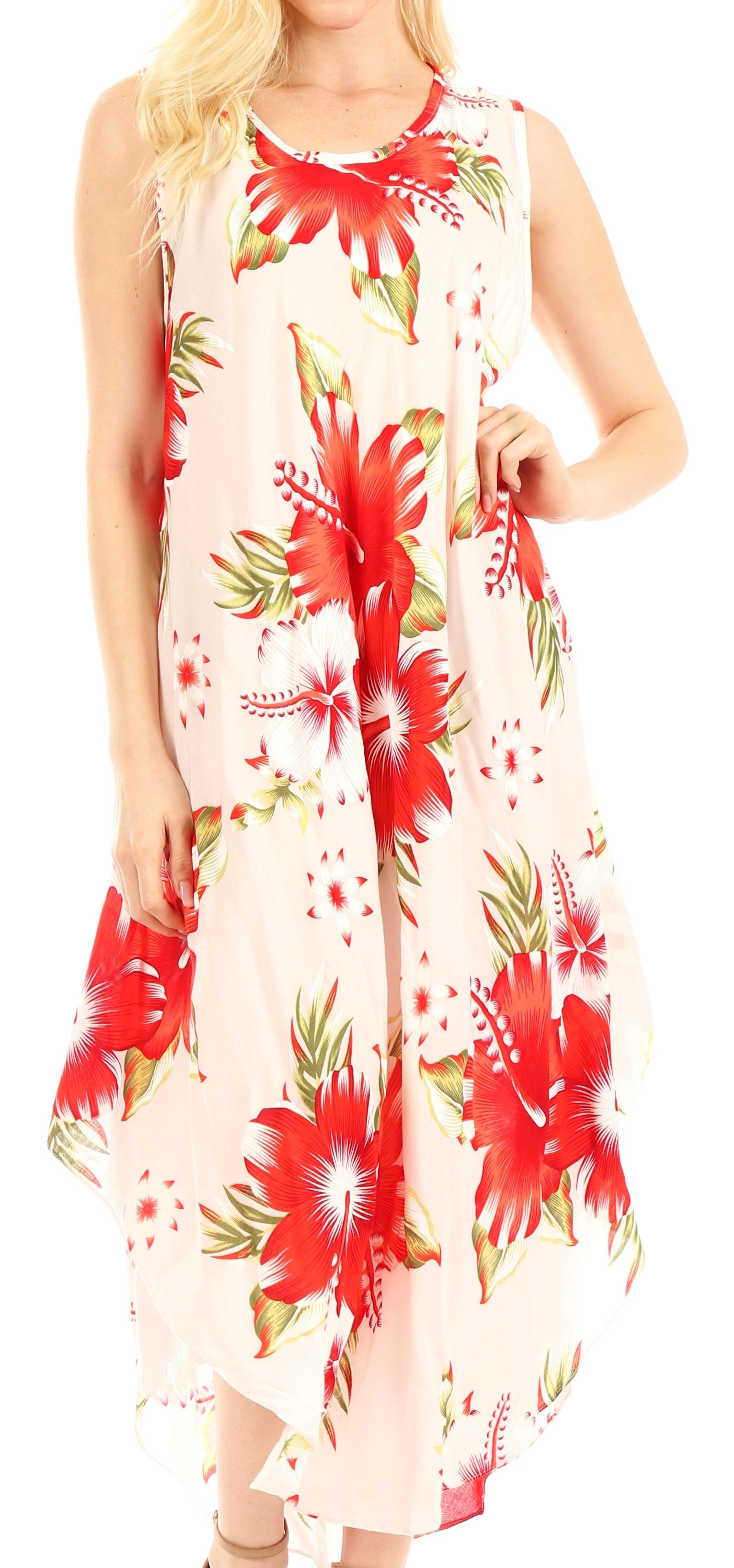 Woman wearing a floral dress with red flowers on a white background