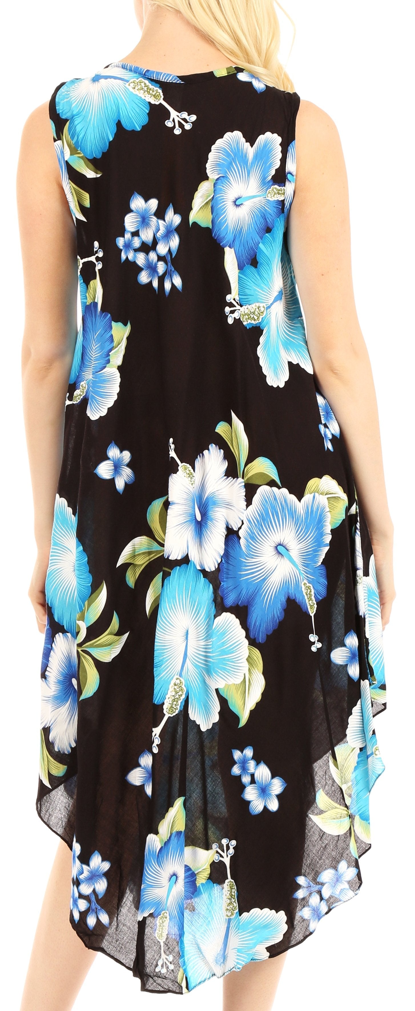Woman wearing a sleeveless dress with blue floral pattern on black background