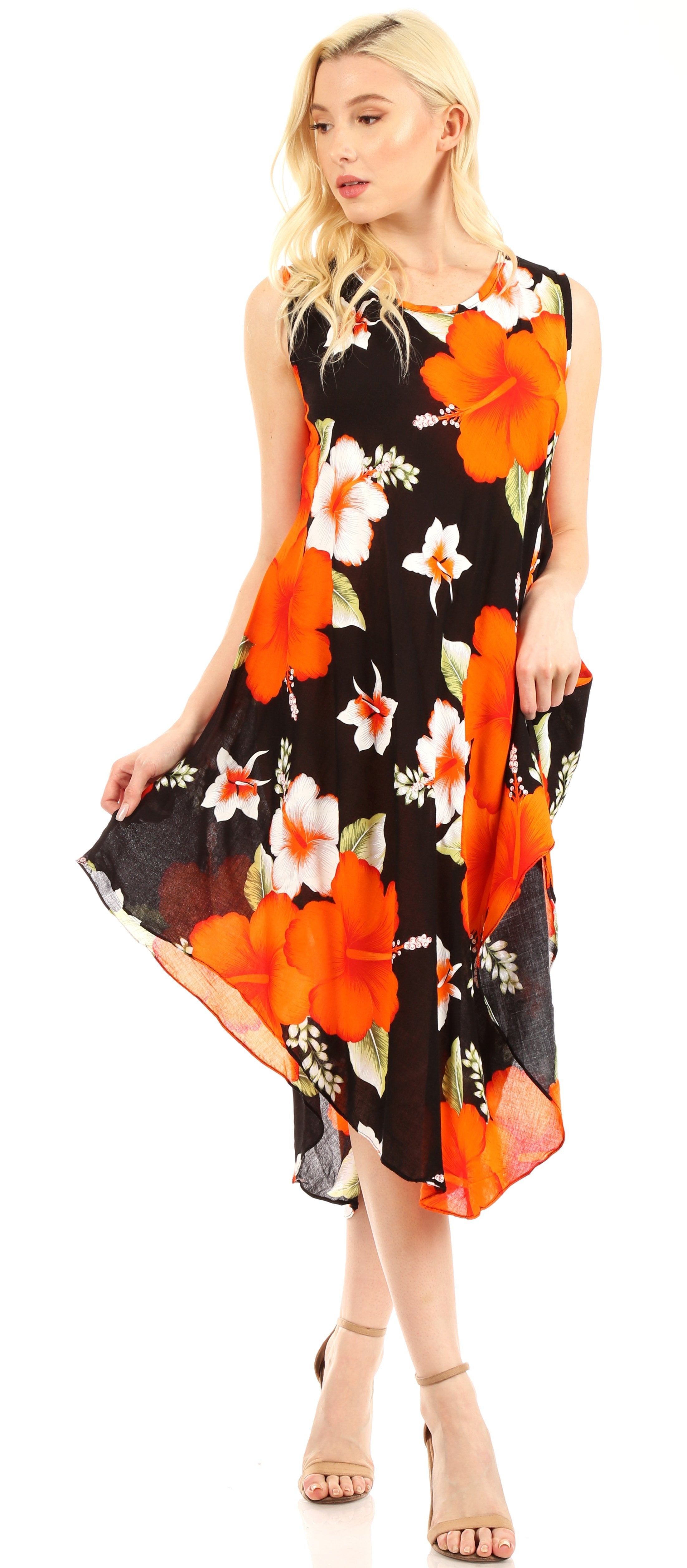 Woman wearing a black floral dress with orange and white flowers on a white background