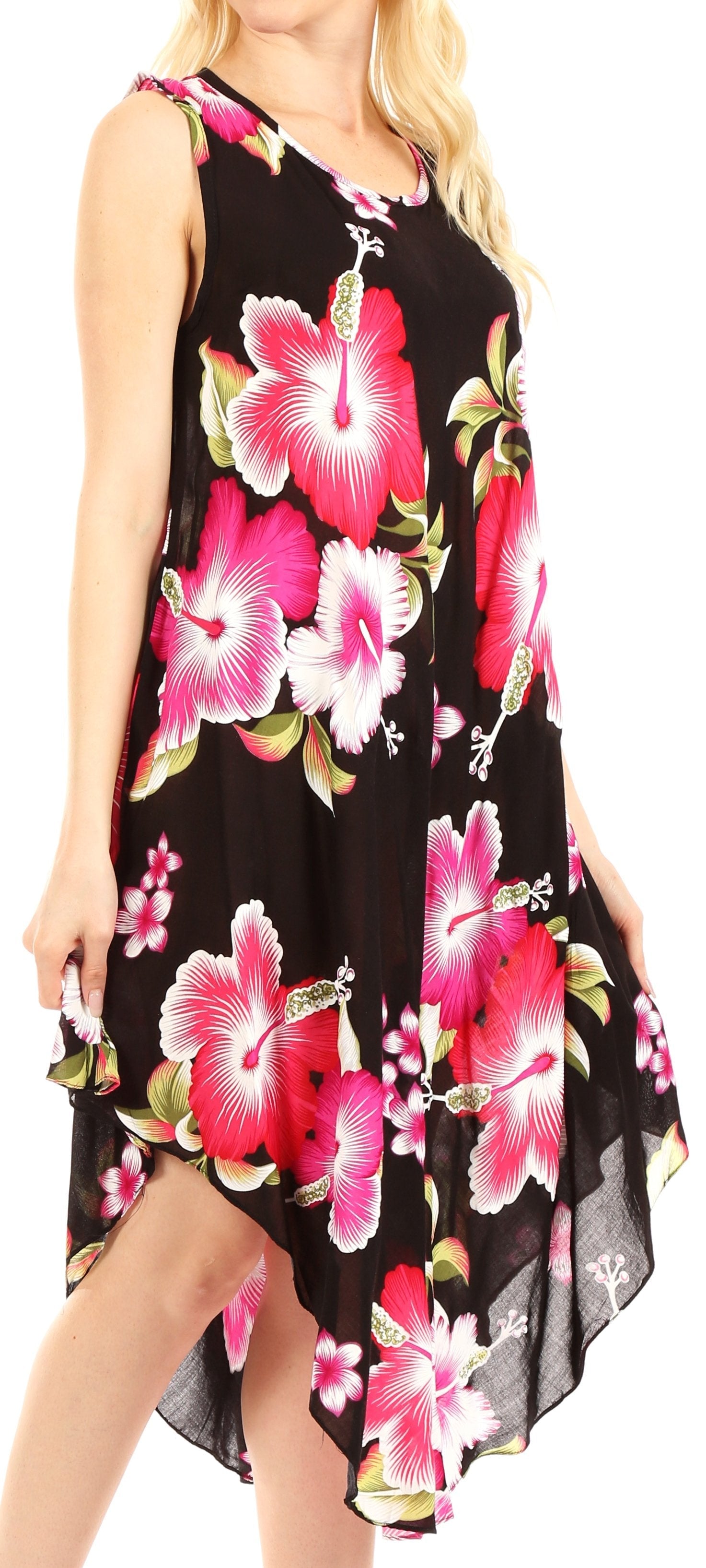 Black dress with pink floral pattern worn by a model