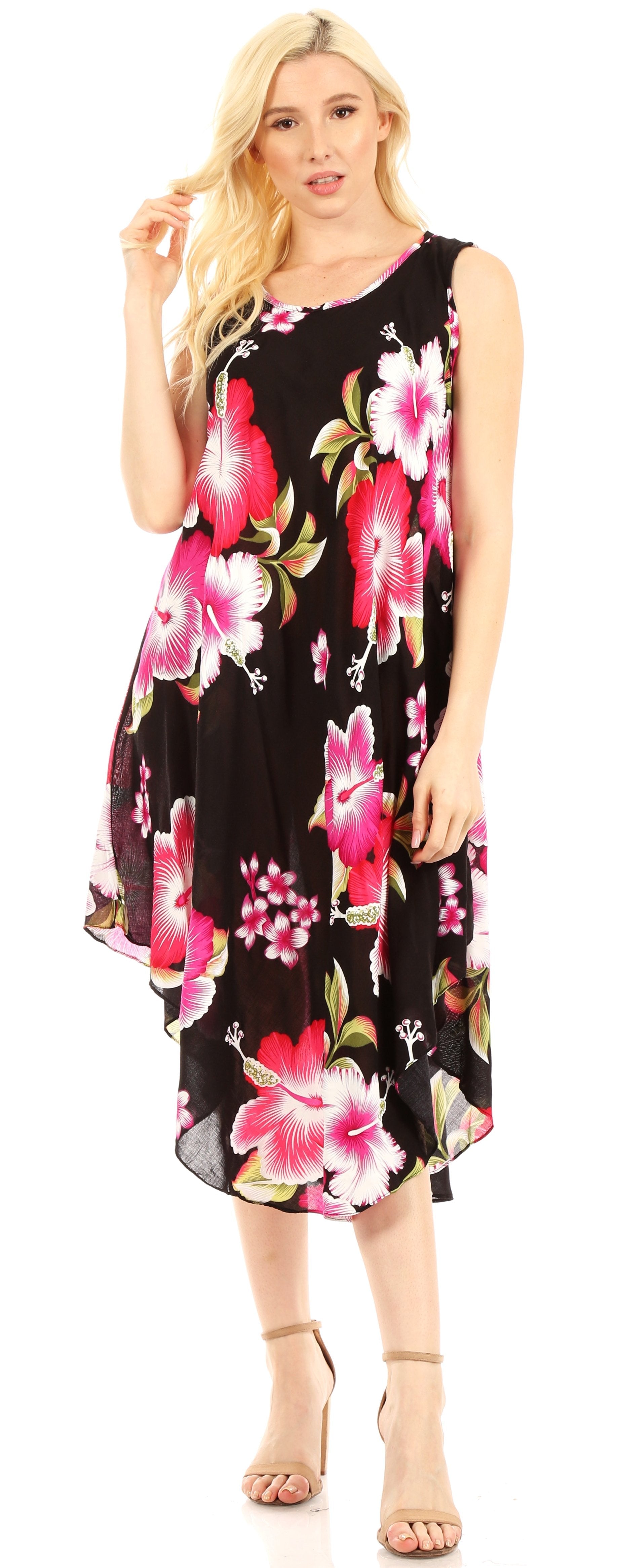 Woman wearing a floral dress with a black background