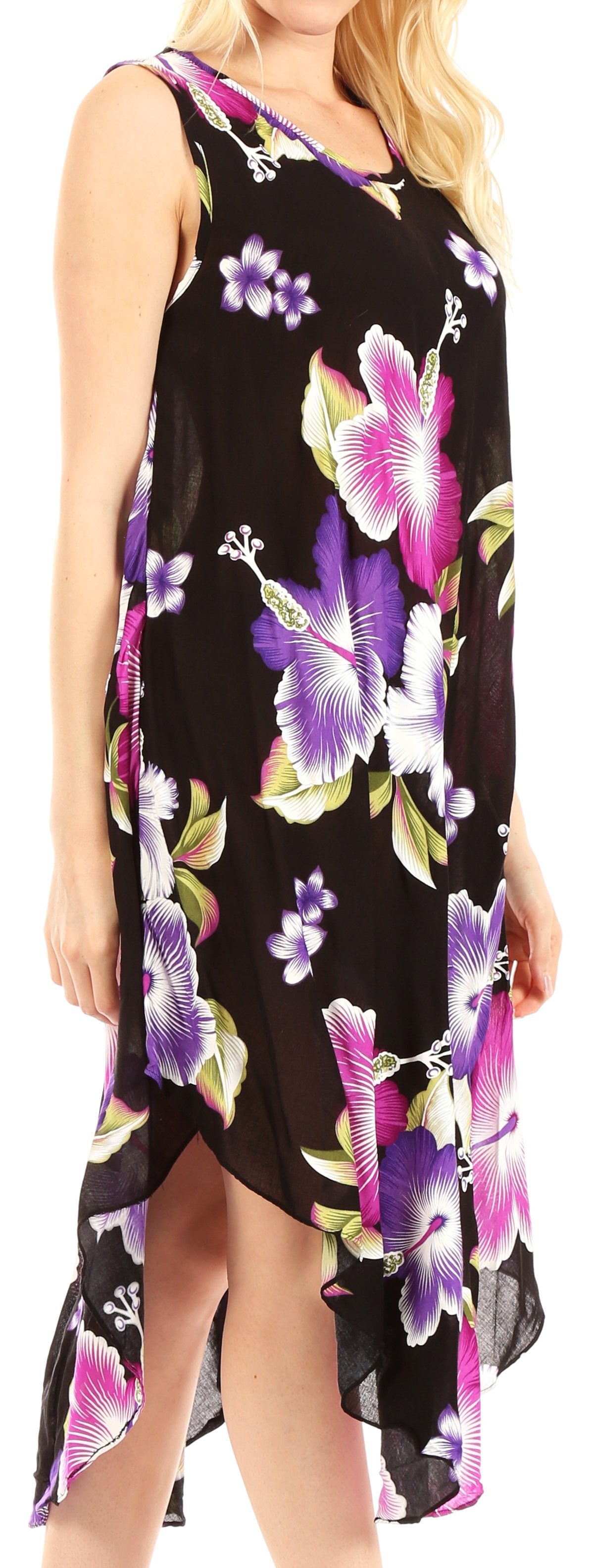 Black sleeveless dress with colorful floral pattern worn by a model