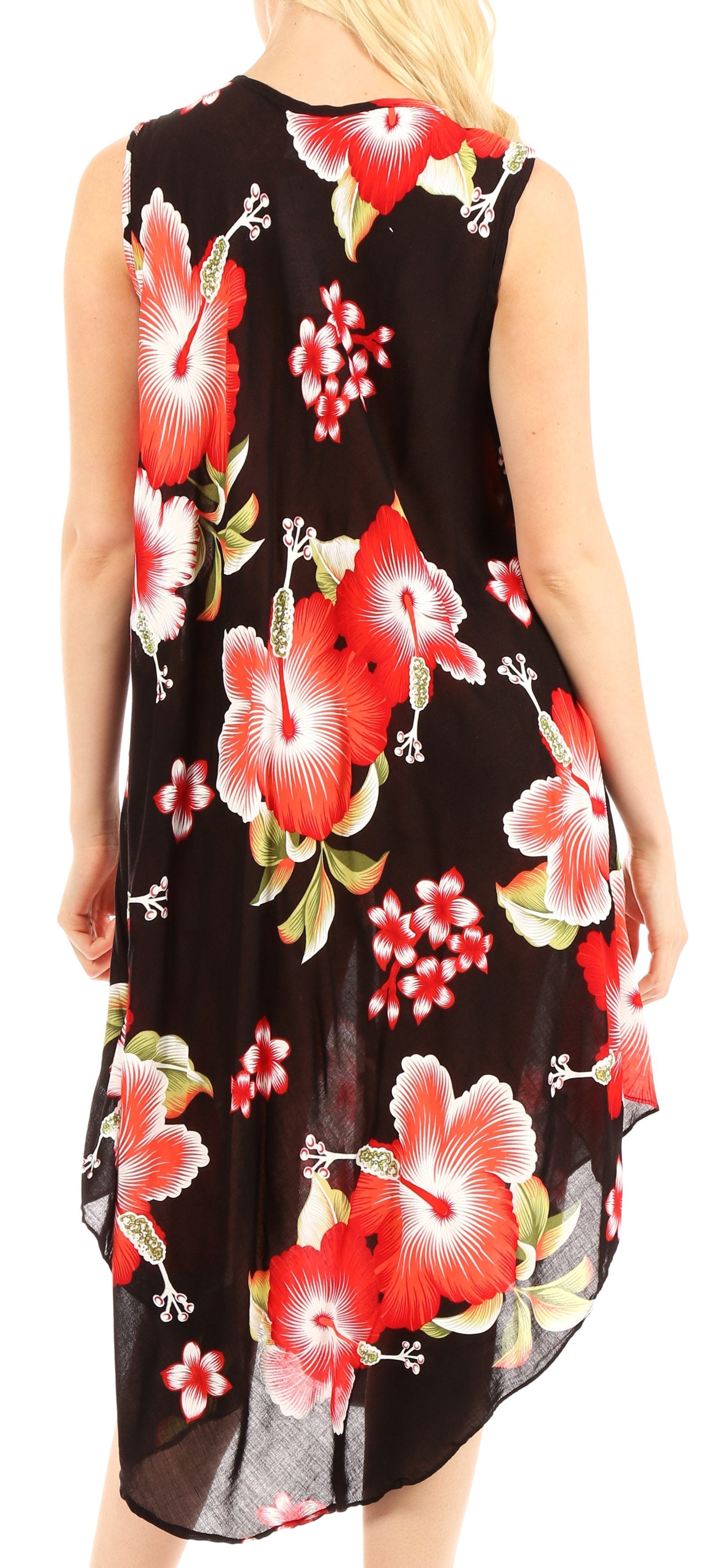 Black sleeveless dress with red floral pattern on a plain background
