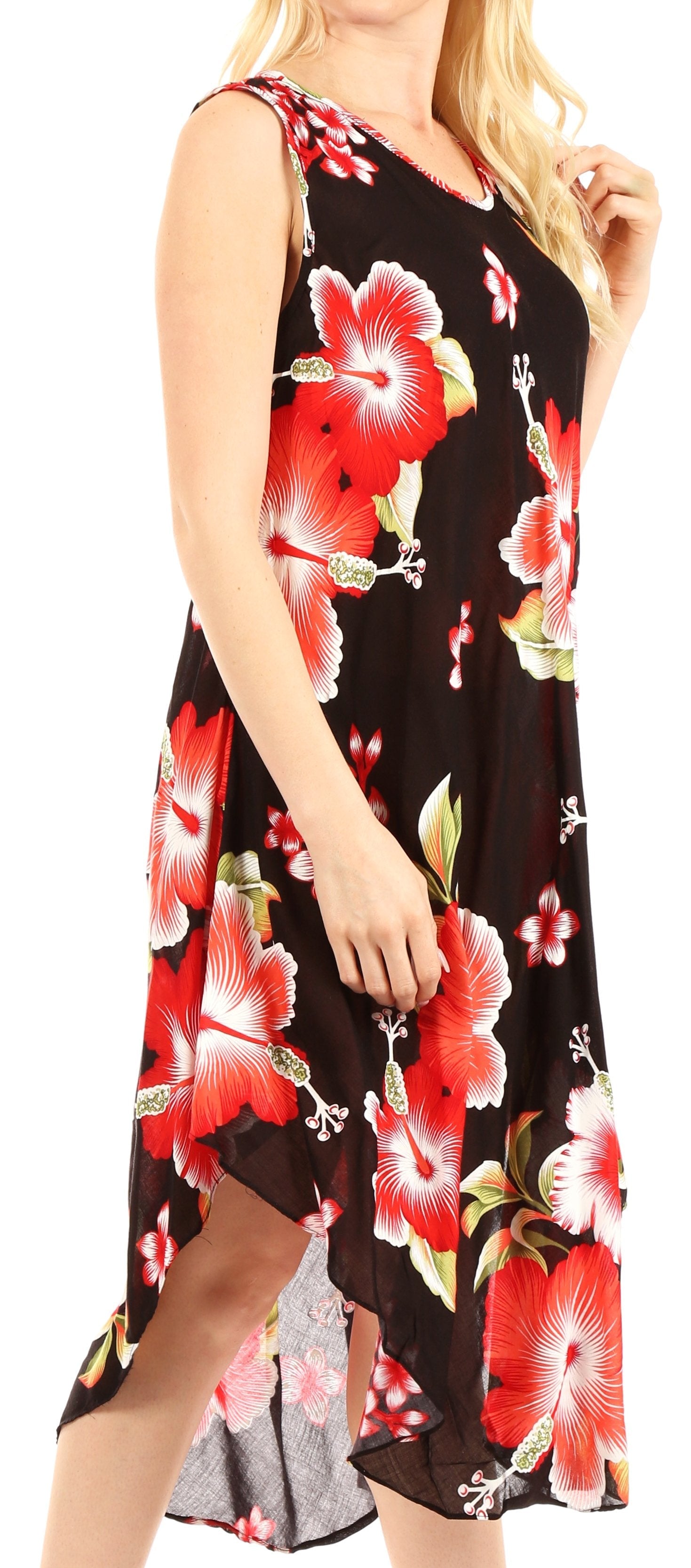 Black sleeveless dress with red floral pattern worn by a model