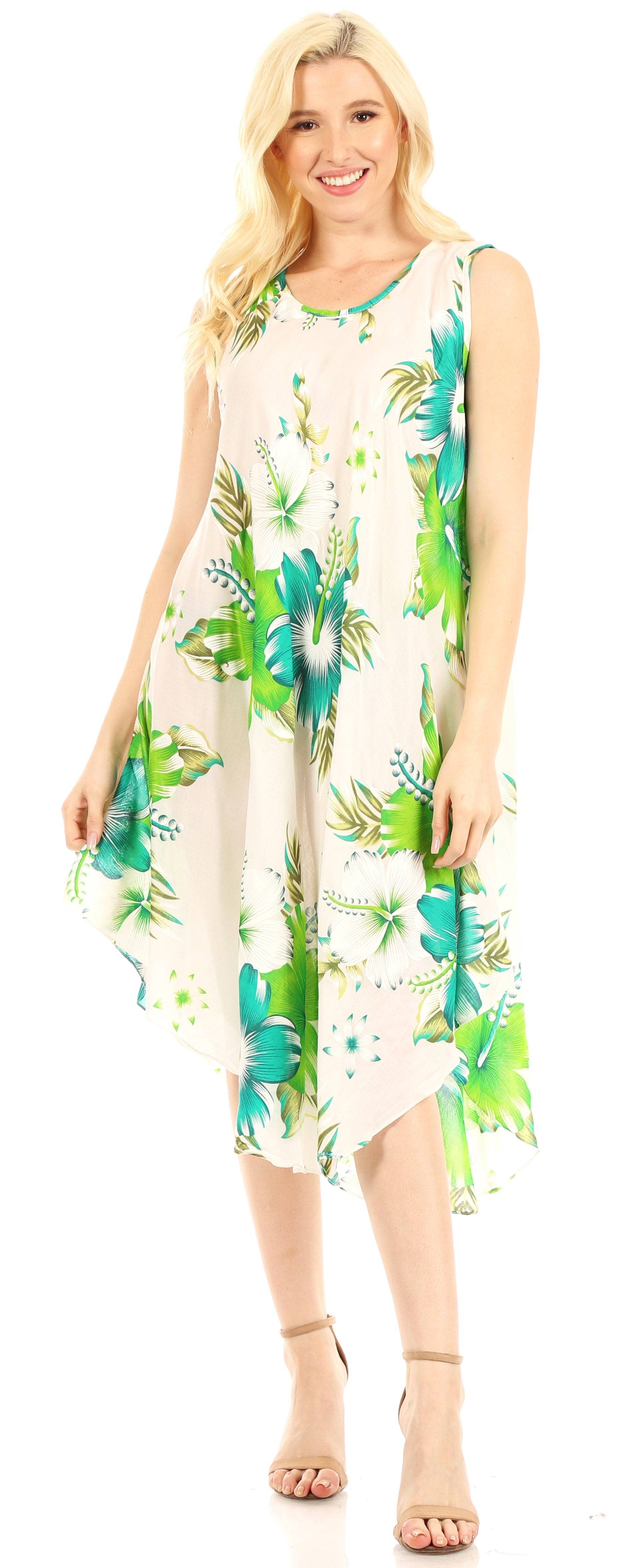 Woman wearing a floral dress with a white background