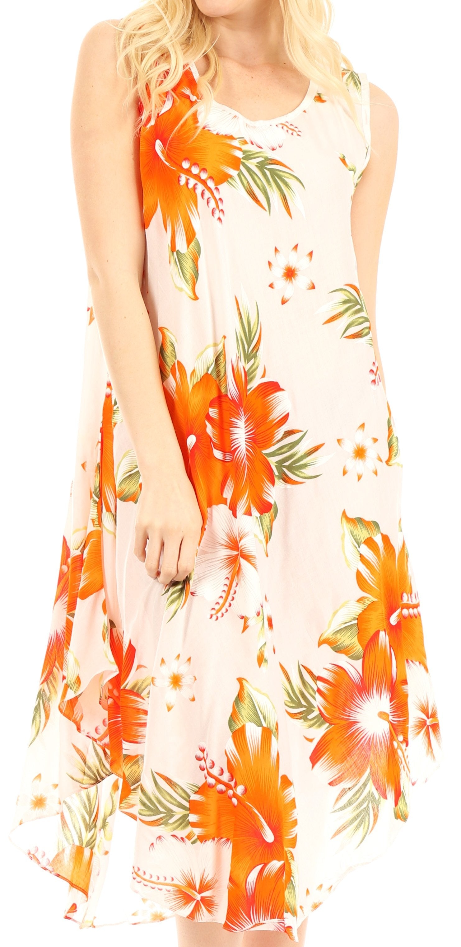 Woman wearing a sleeveless dress with orange floral pattern on a white background