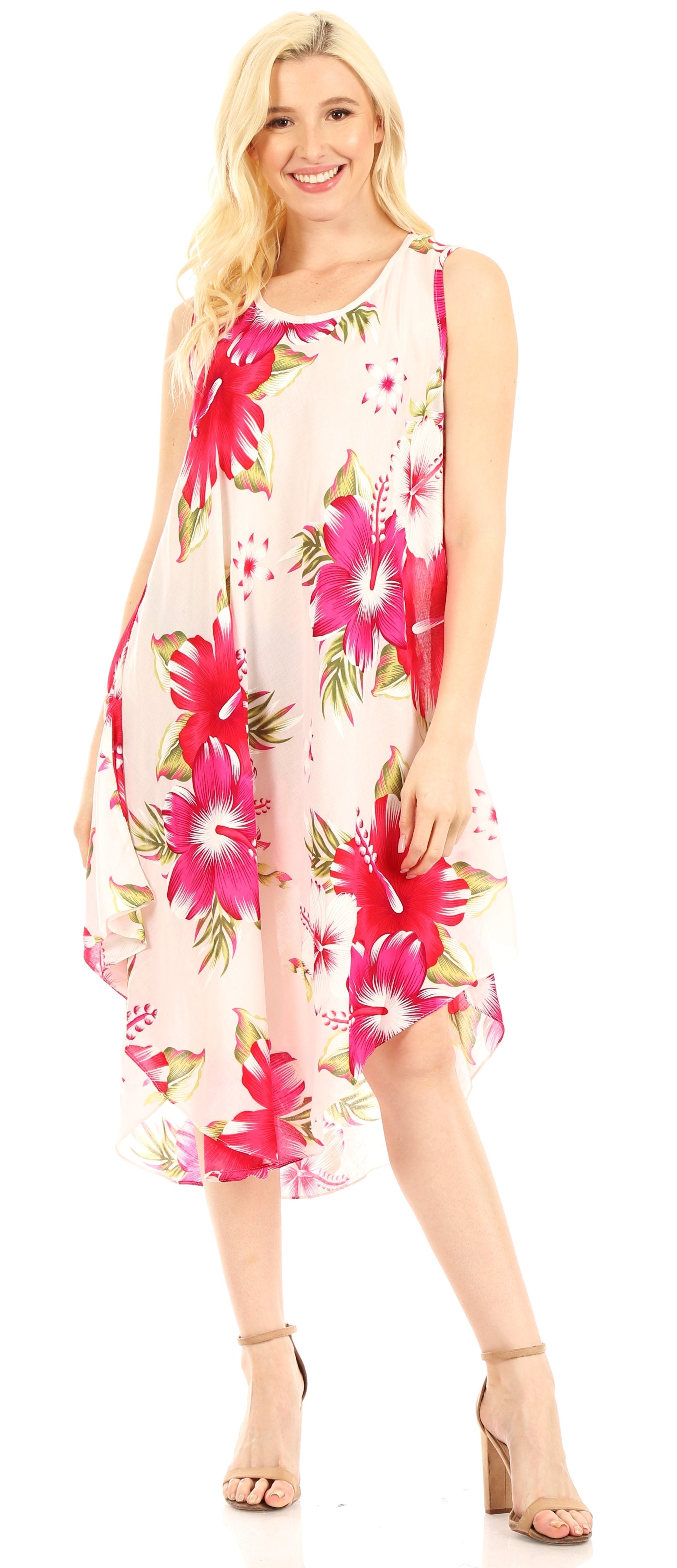 Woman wearing a floral dress with pink flowers on a white background