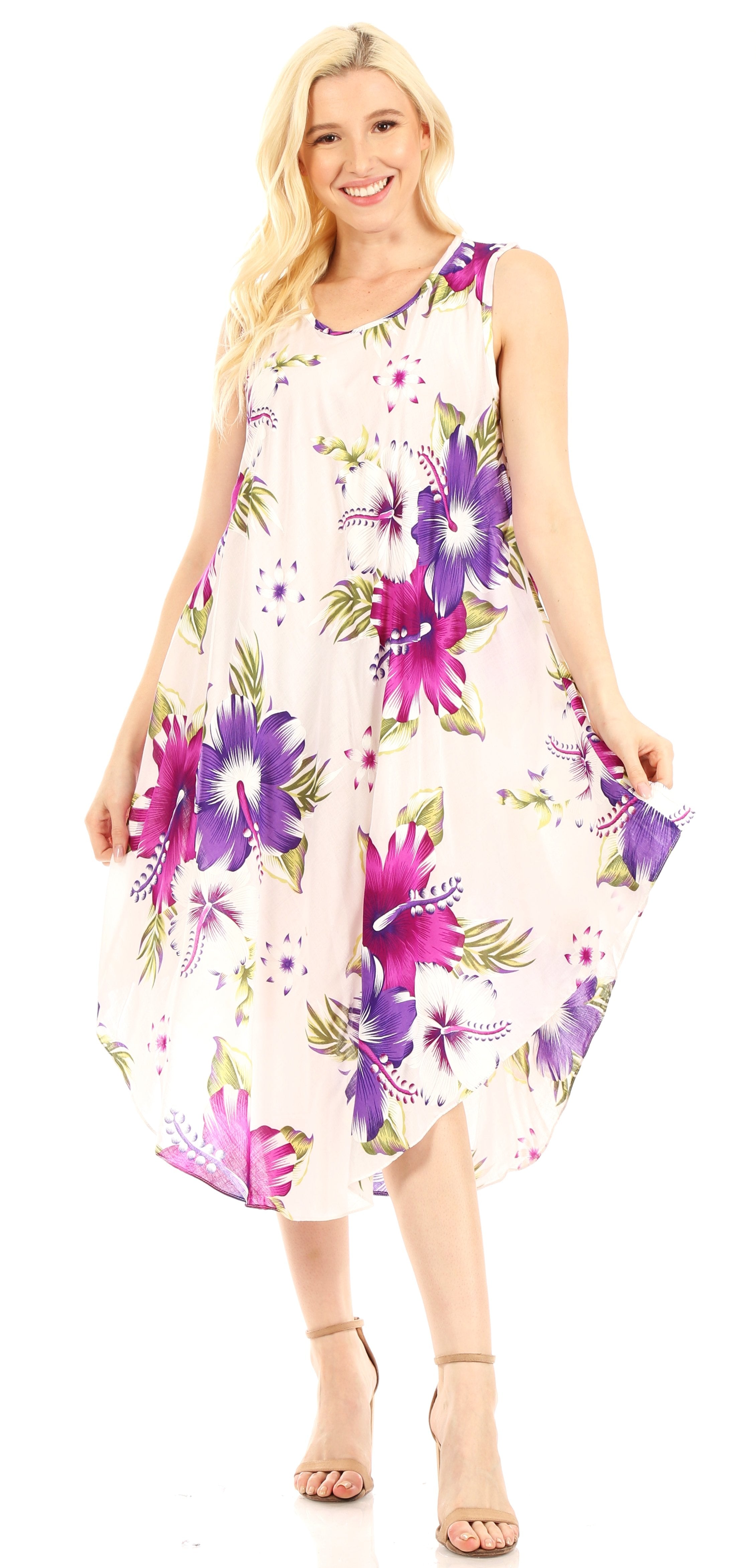 Woman wearing a floral dress on a white background