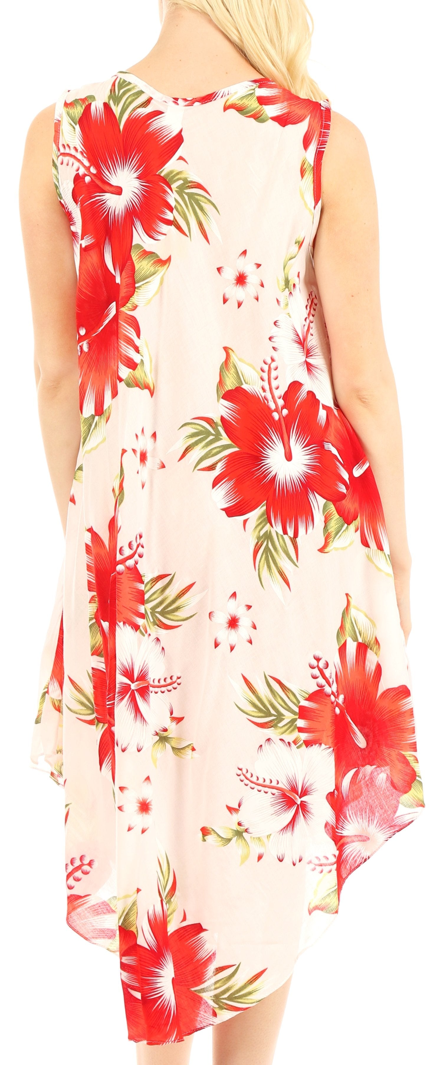 Woman wearing a sleeveless dress with red floral pattern on a white background
