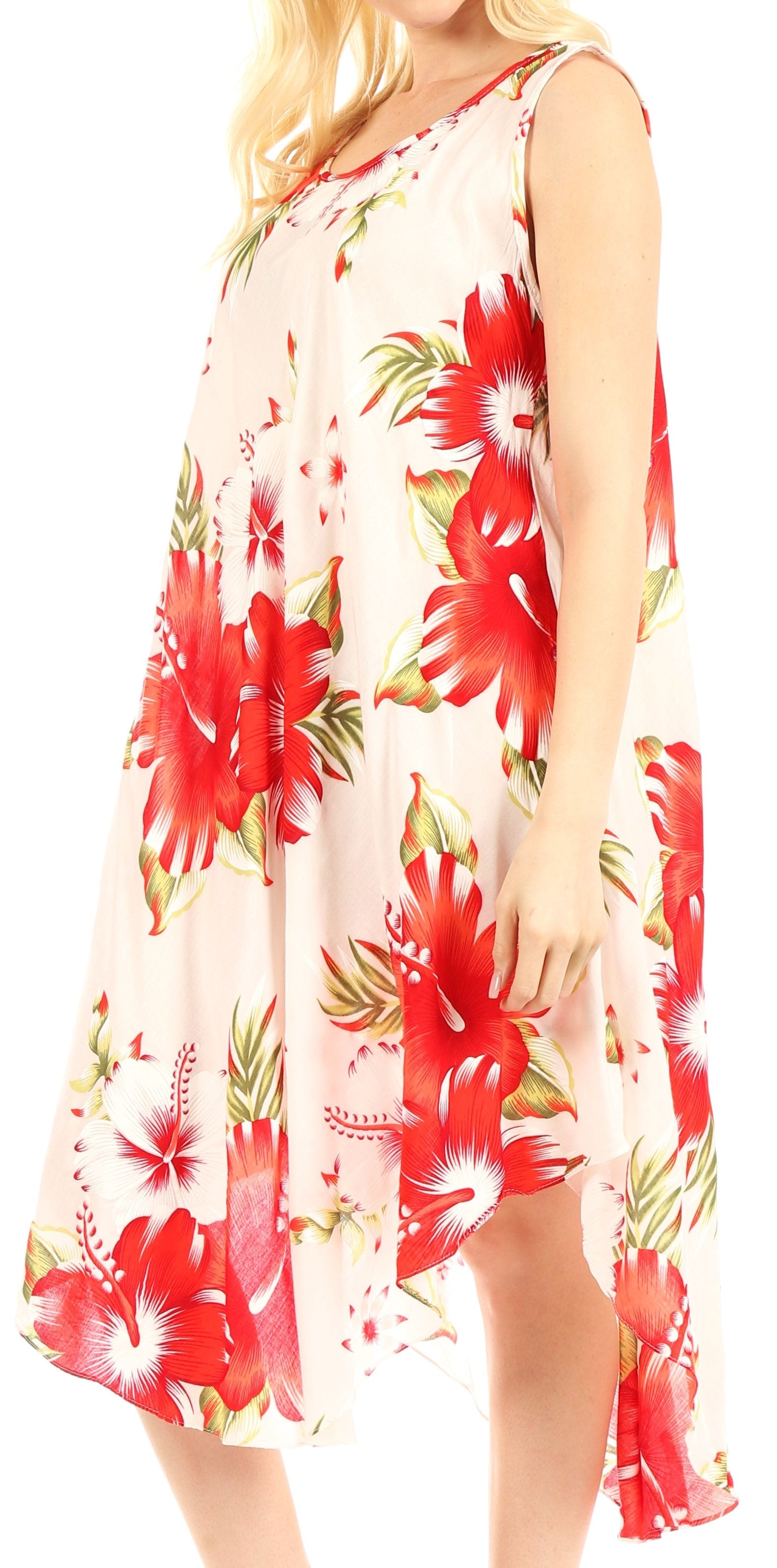 Woman wearing a floral dress with red flowers on a white background