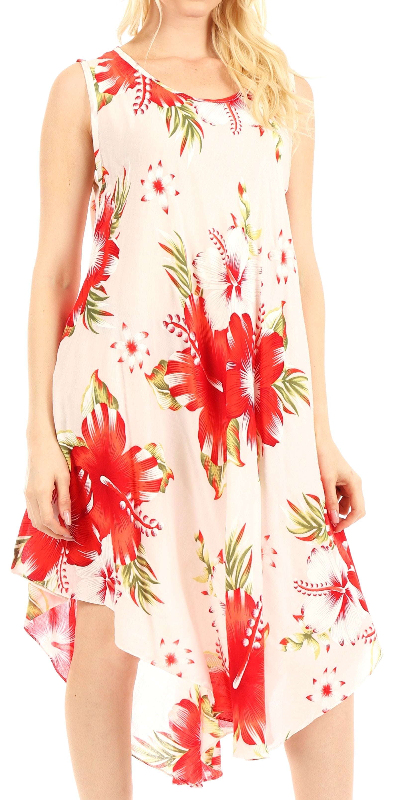 Woman wearing a floral dress with red flowers on a white background