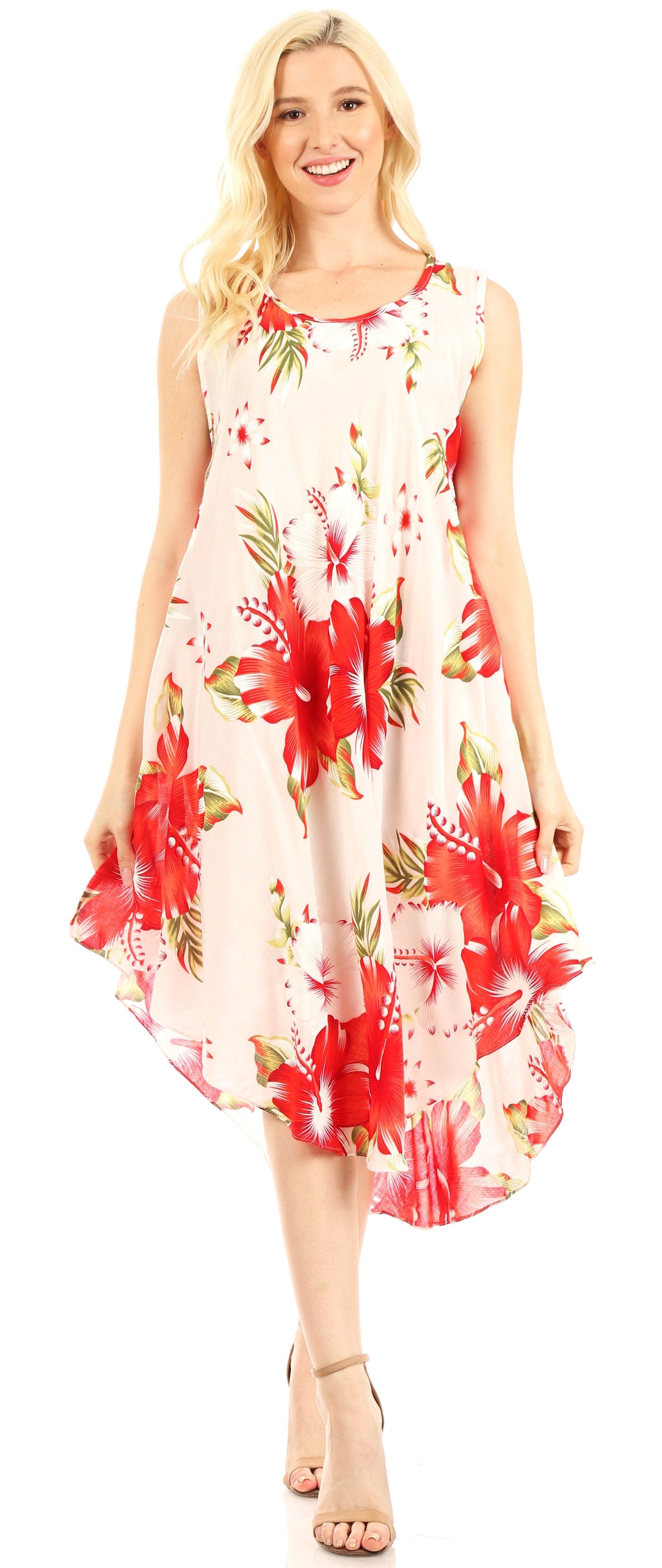 Woman wearing a floral dress with a white background