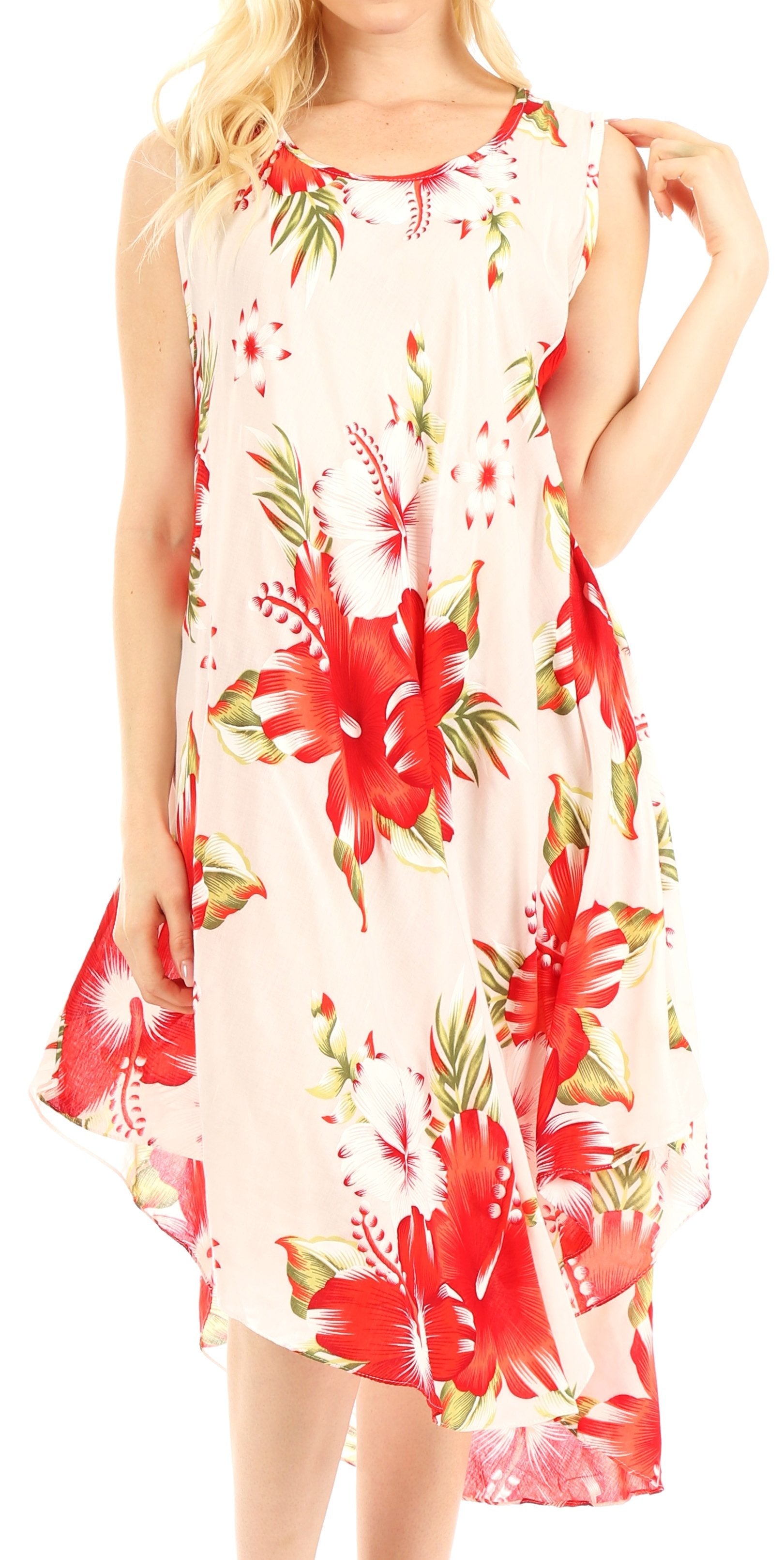 Woman wearing a floral dress with red flowers on a white background