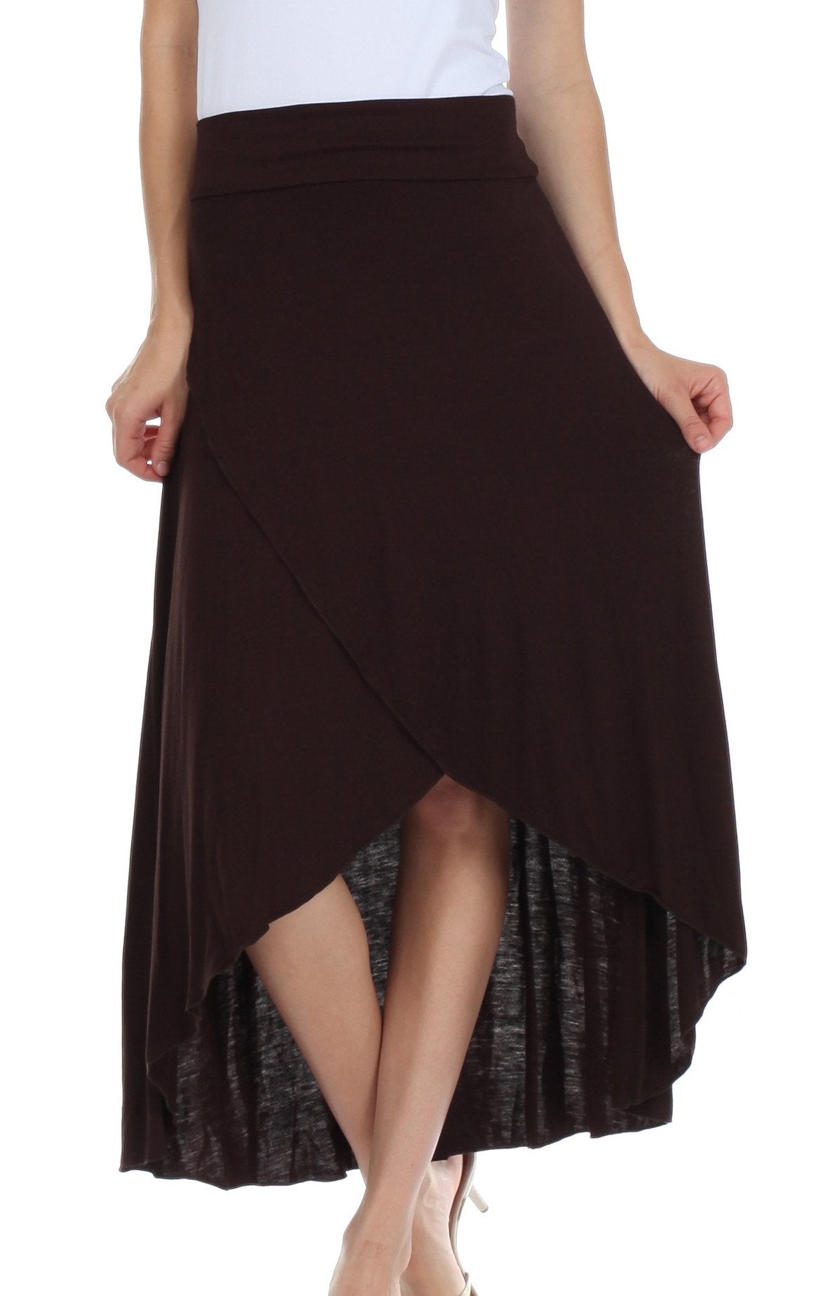 Brown asymmetrical skirt worn by a person on a white background