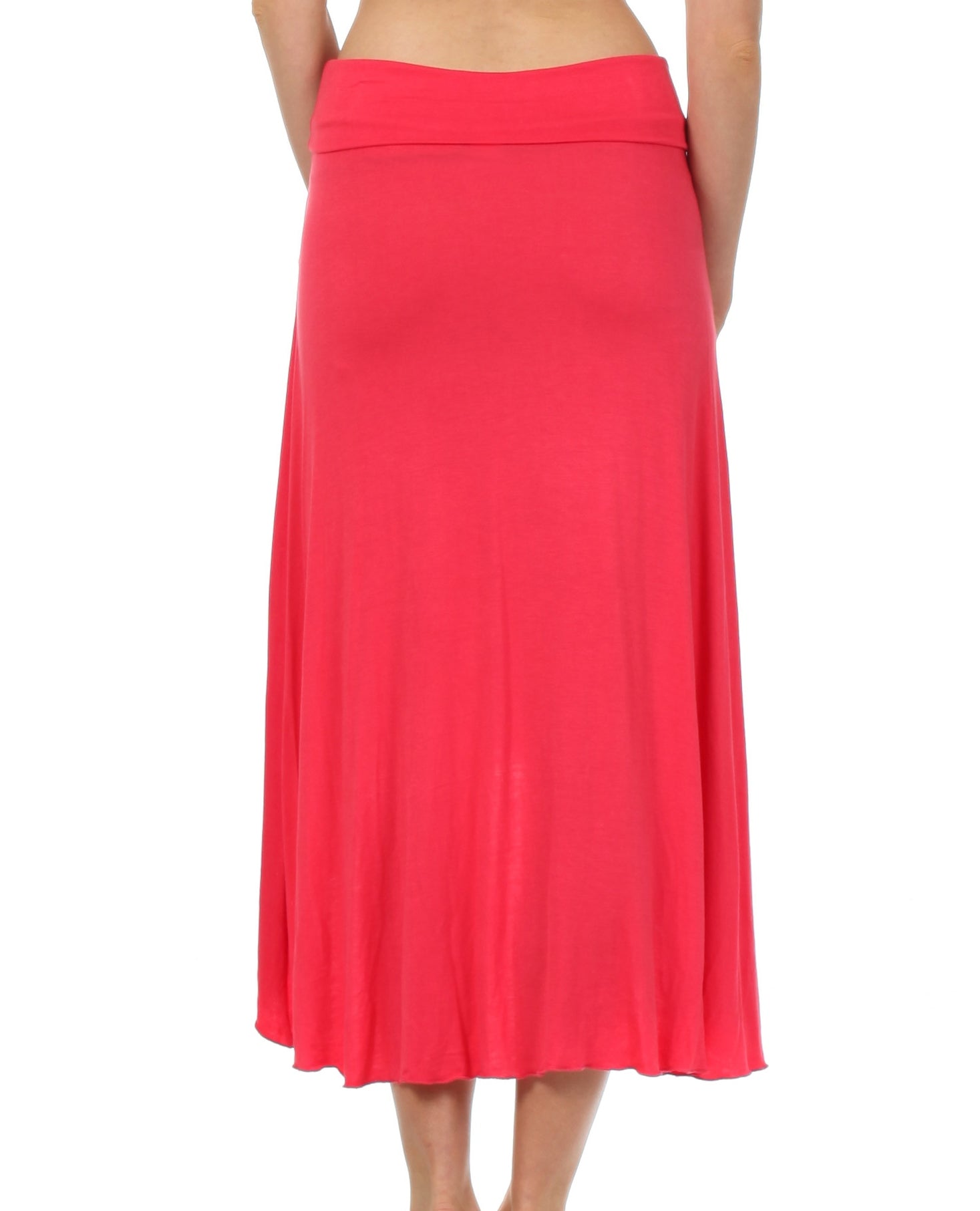 Red skirt worn by a person on a white background